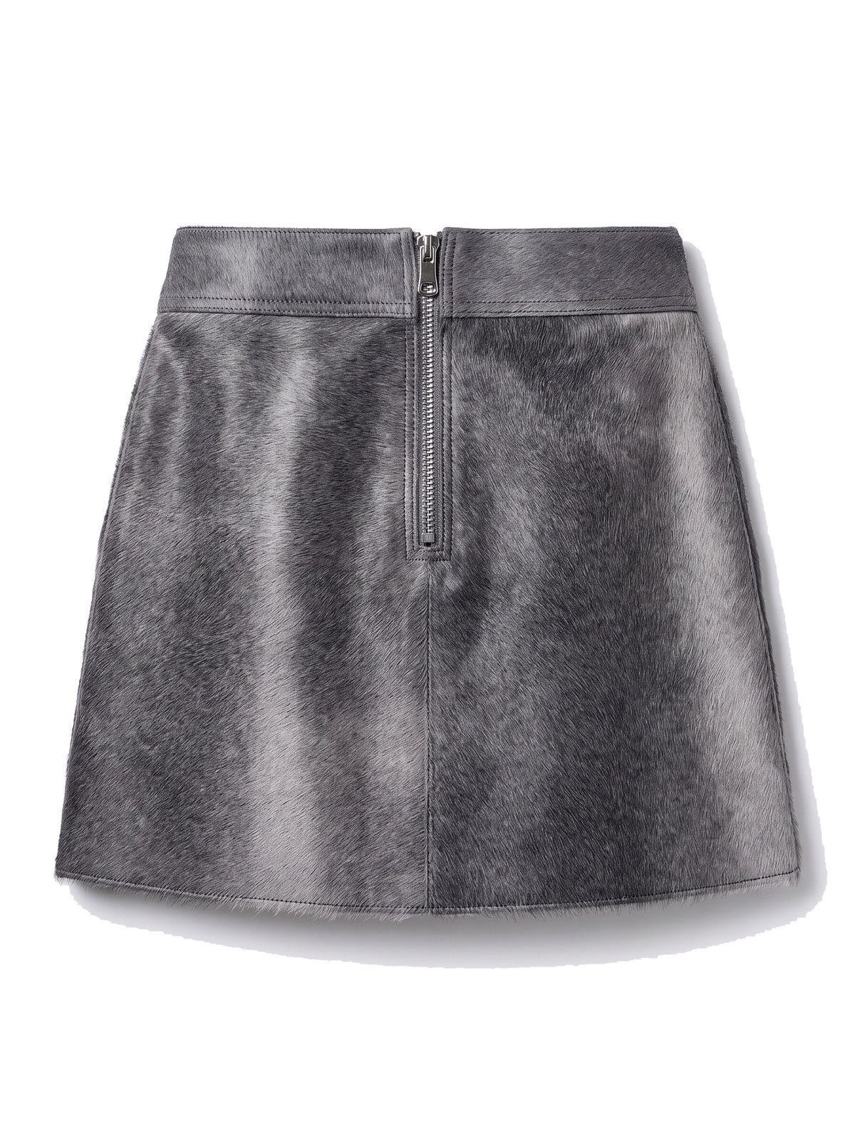 MARIS, jupe courte en cuir façon poulain gris, vue de dos sur mannequin invisible.