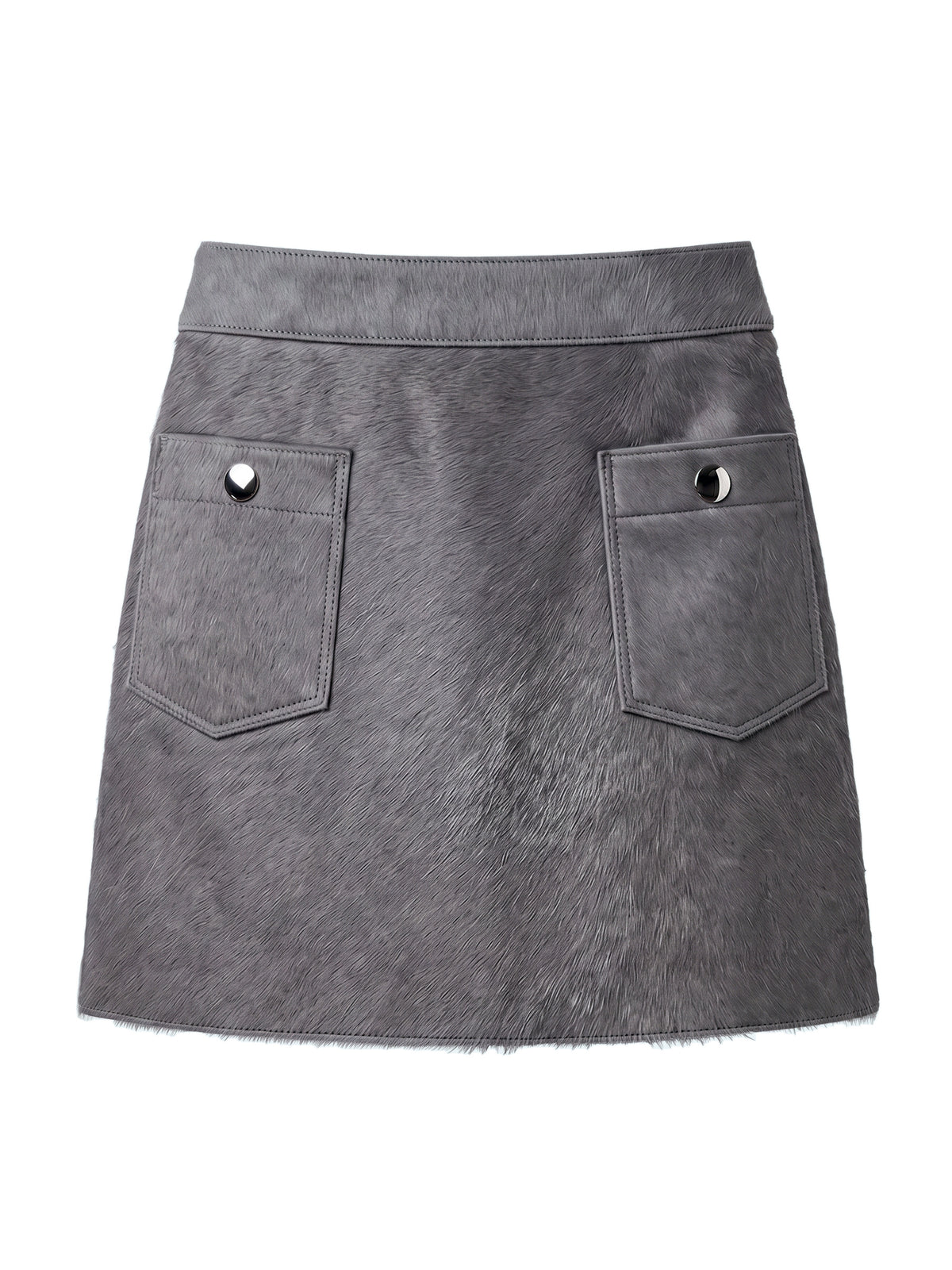MARIS, jupe courte en cuir façon poulain gris, vue de face sur mannequin invisible.