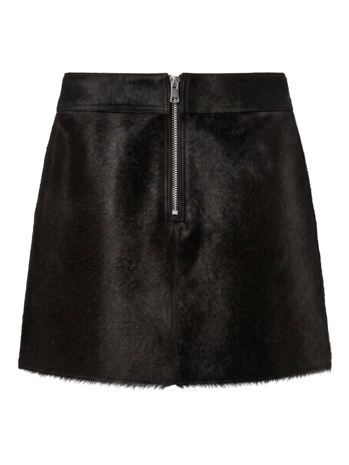 MARIS, jupe courte en cuir façon poulain noir, vue de dos sur mannequin invisible.