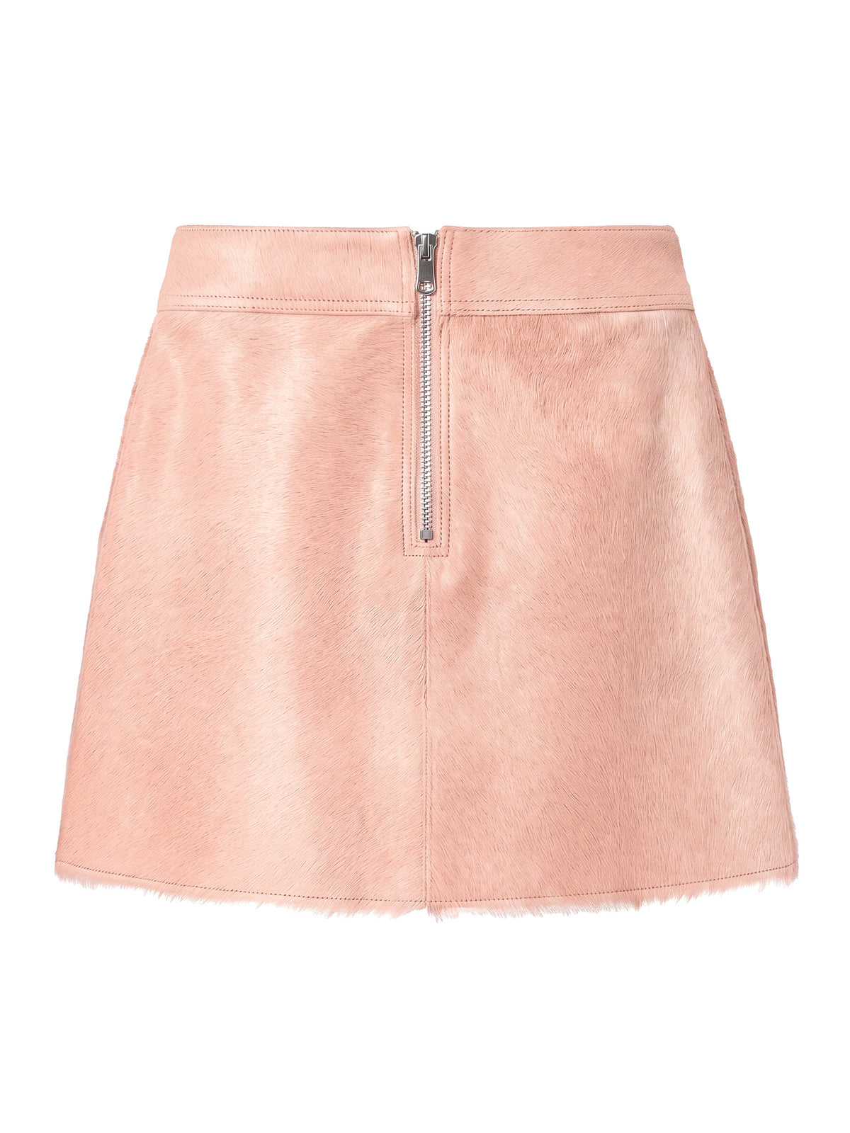 MARIS, jupe courte en cuir façon poulain rose, vue de dos sur mannequin invisible.