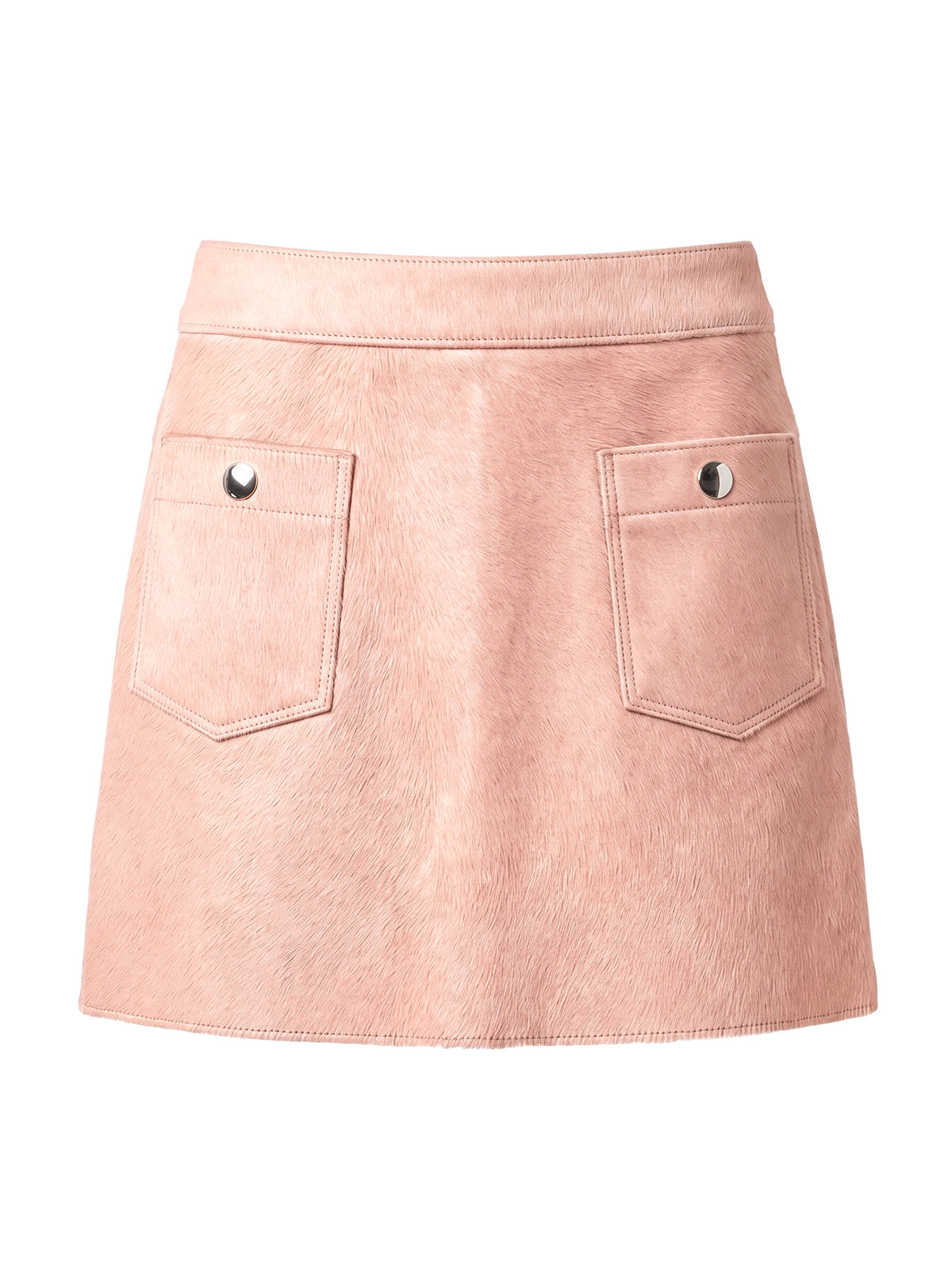 MARIS, jupe courte en cuir façon poulain rose, vue de face sur mannequin invisible.