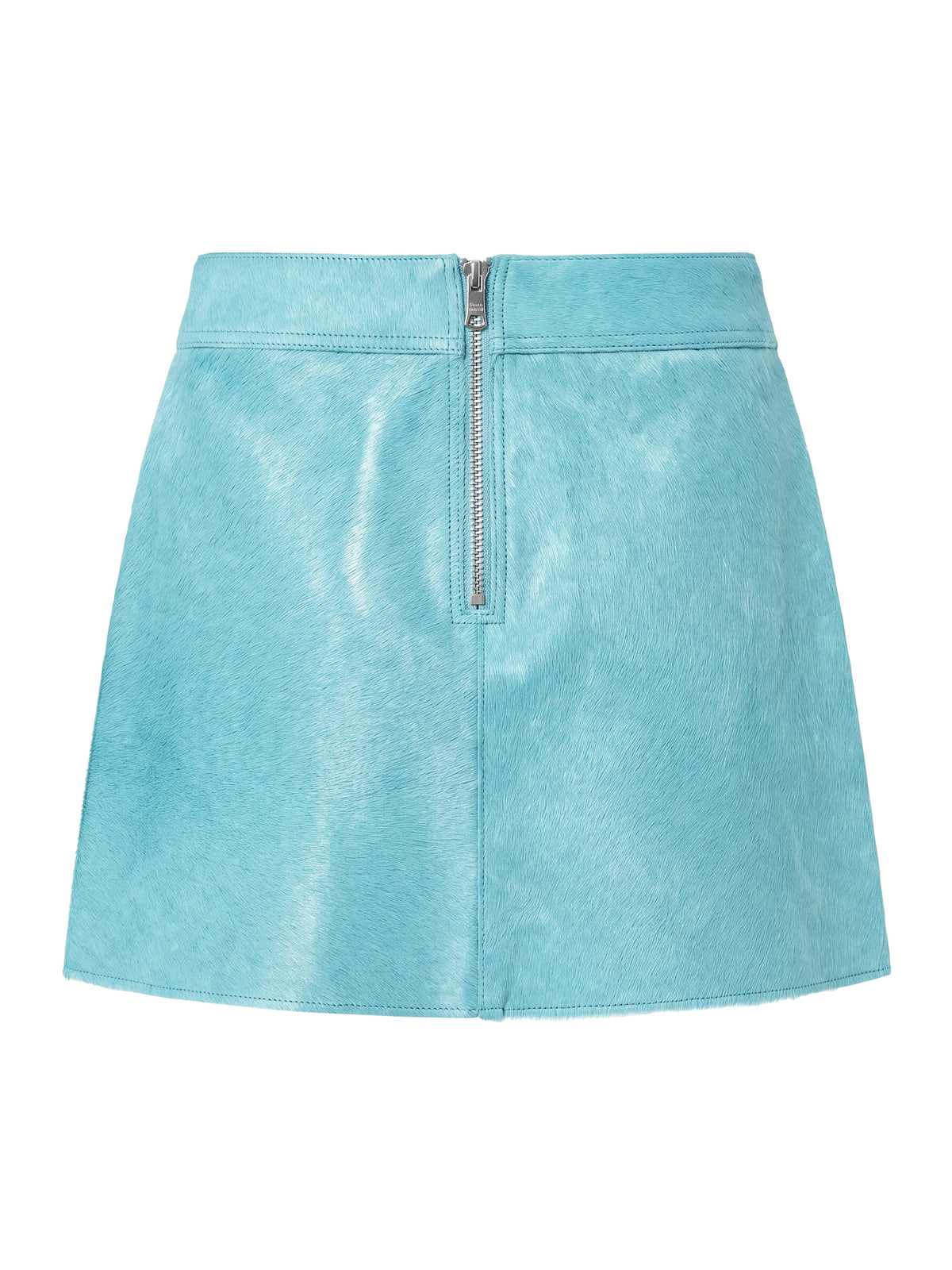 MARIS, jupe courte en cuir façon poulain turquoise, vue de dos sur mannequin invisible.