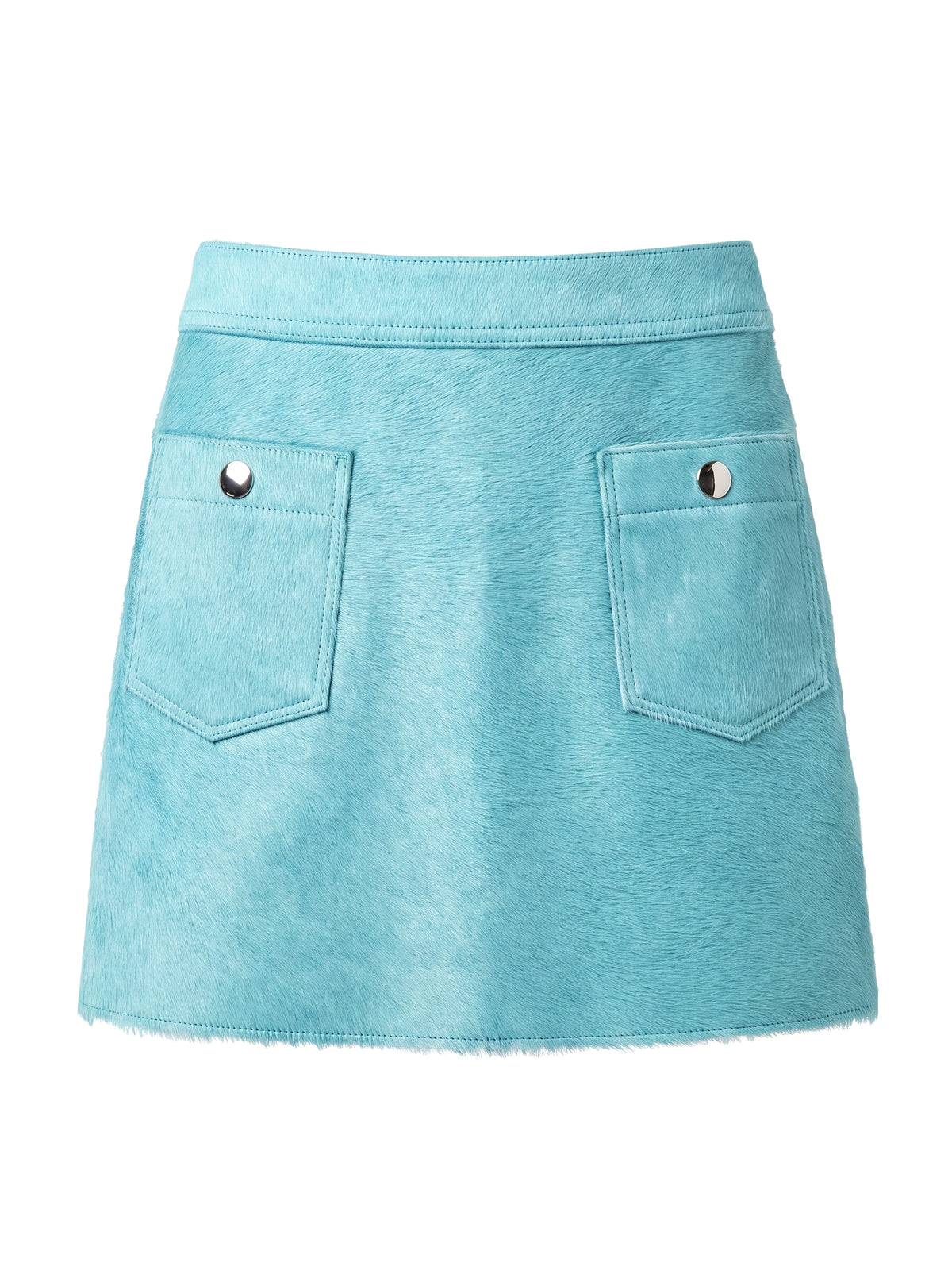 MARIS, jupe courte en cuir façon poulain turquoise, vue de face sur mannequin invisible.