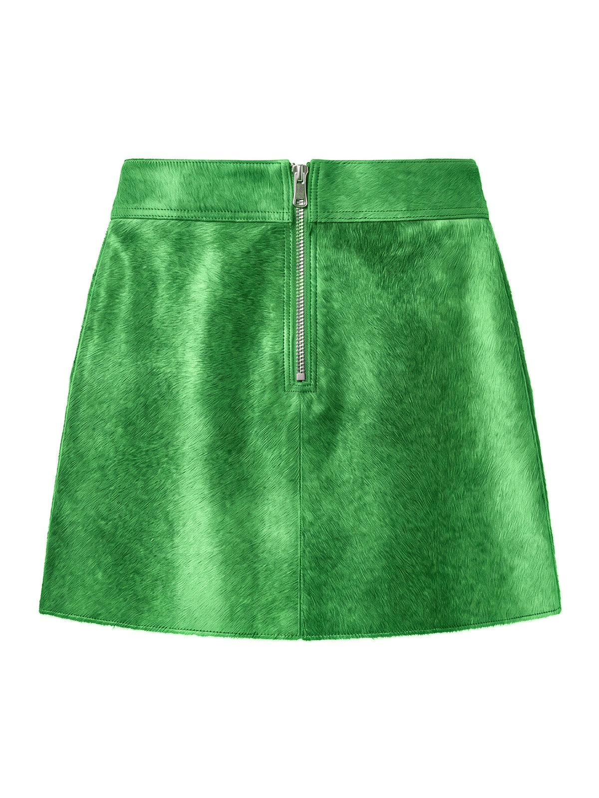 MARIS, jupe courte en cuir façon poulain vert, vue de dos sur mannequin invisible.