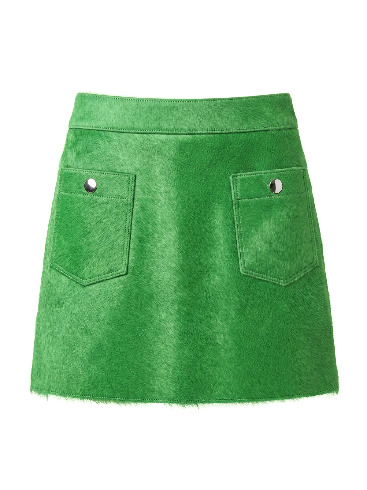 MARIS, jupe courte en cuir façon poulain vert, vue de face sur mannequin invisible.