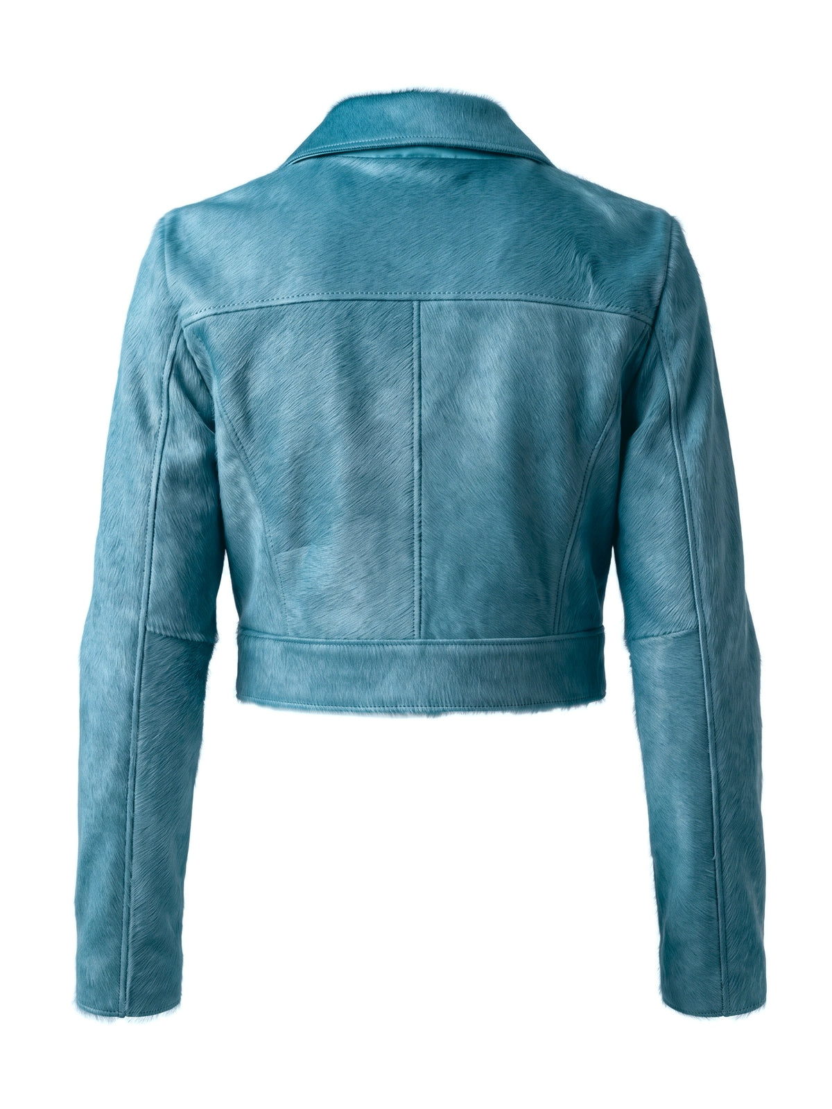 MARIS, veste courte en cuir façon poulain canard, vue de dos sur mannequin invisible.