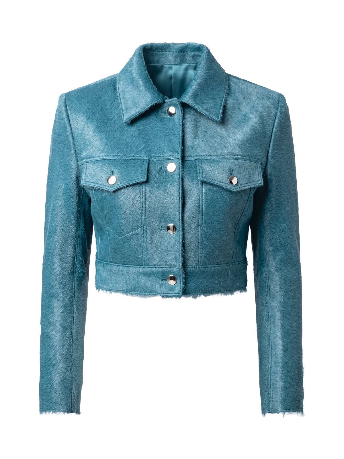 MARIS, veste courte en cuir façon poulain canard, vue de face sur mannequin invisible.