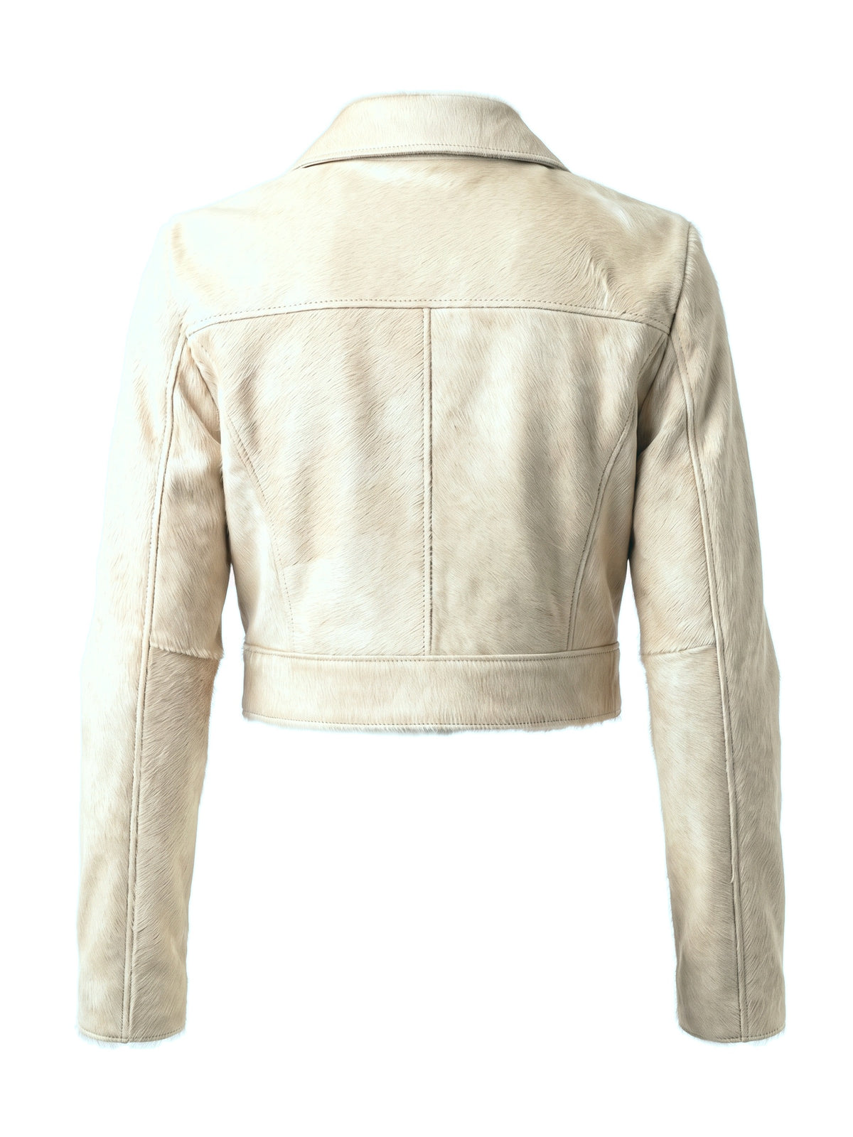 MARIS, veste courte en cuir façon poulain crème, vue de dos sur mannequin invisible.