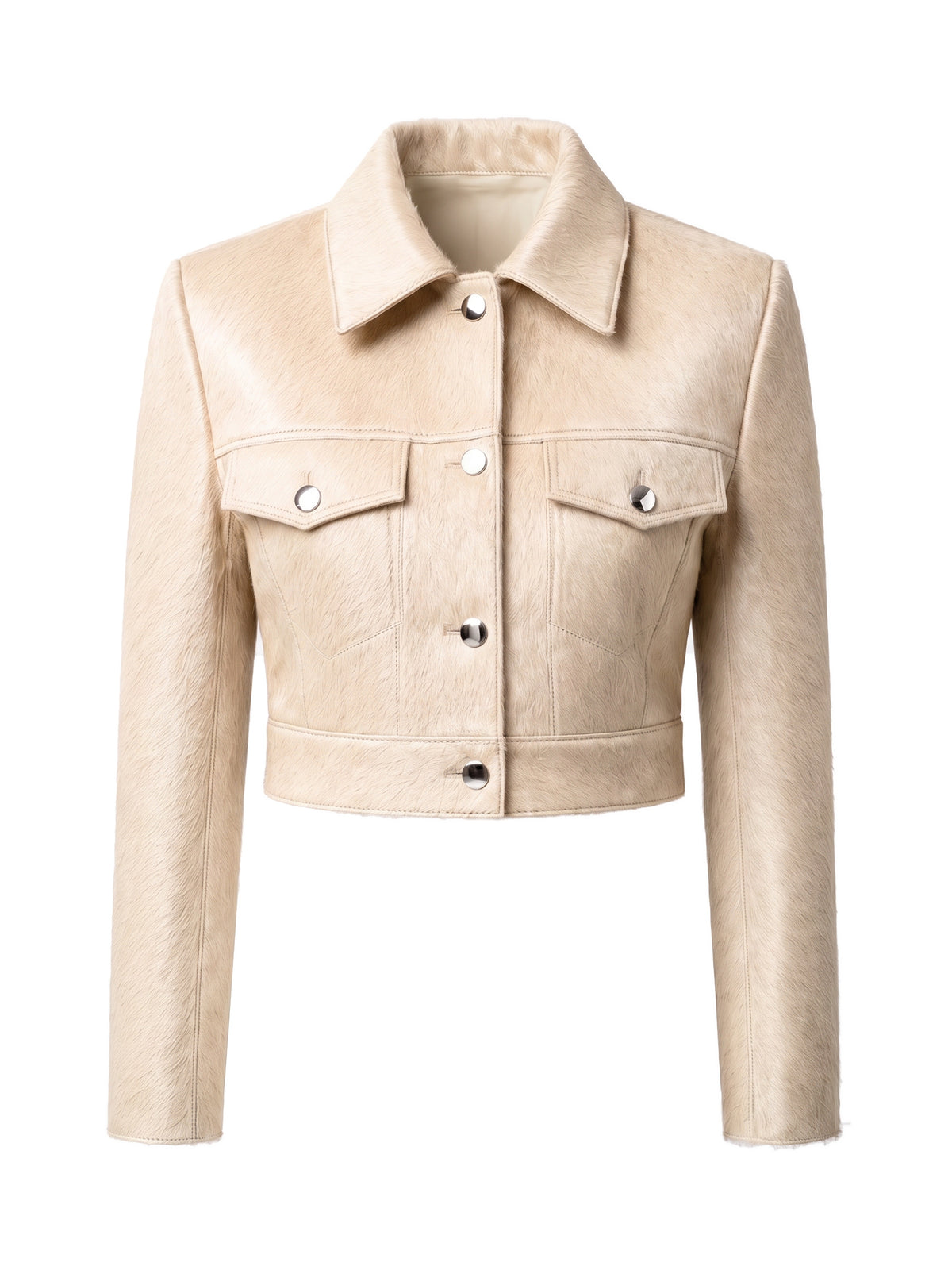 MARIS, veste courte en cuir façon poulain crème, vue de face sur mannequin invisible.