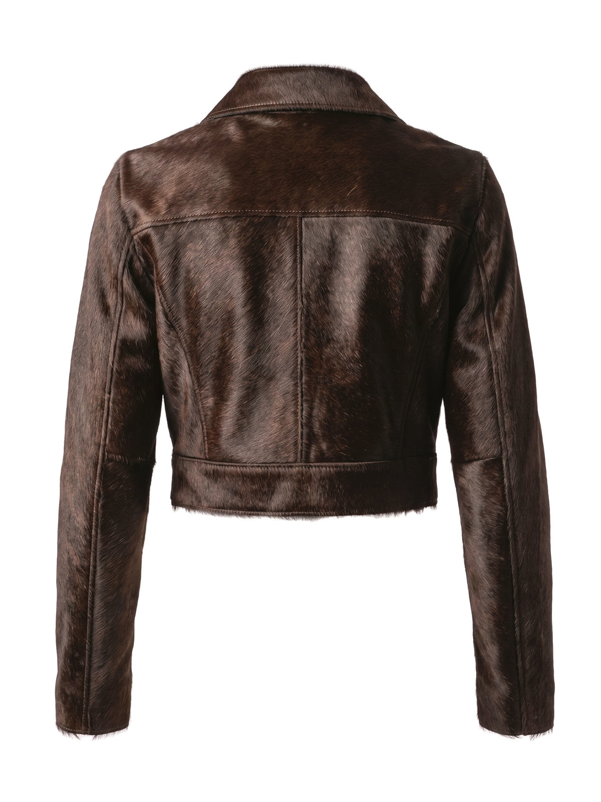 MARIS, veste courte en cuir façon poulain espresso, vue de dos sur mannequin invisible.