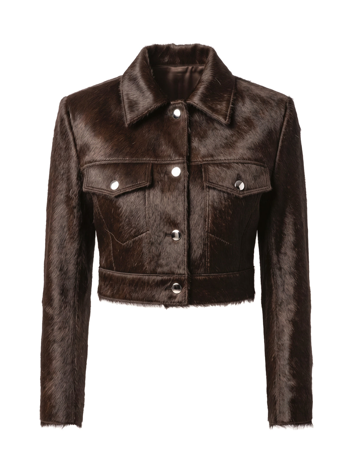 MARIS, veste courte en cuir façon poulain espresso, vue de face sur mannequin invisible.
