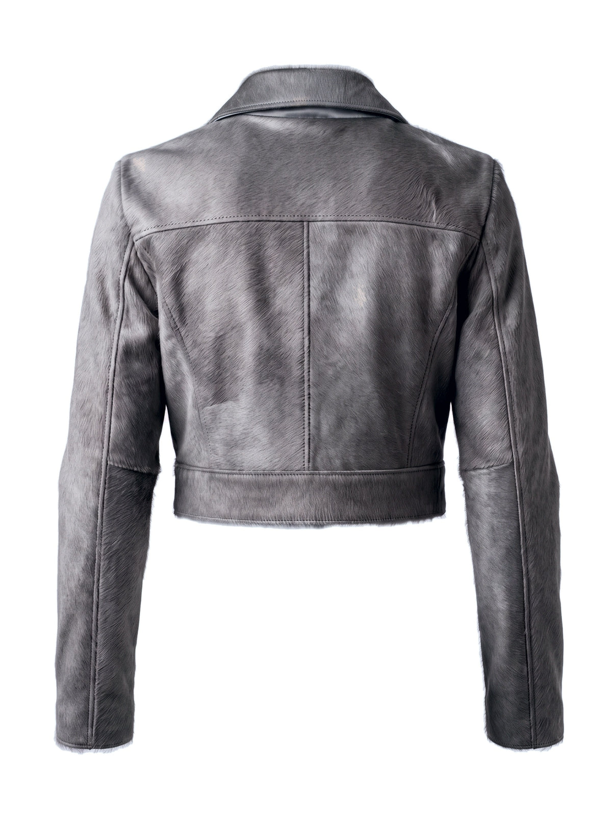 MARIS, veste courte en cuir façon poulain gris, vue de dos sur mannequin invisible.