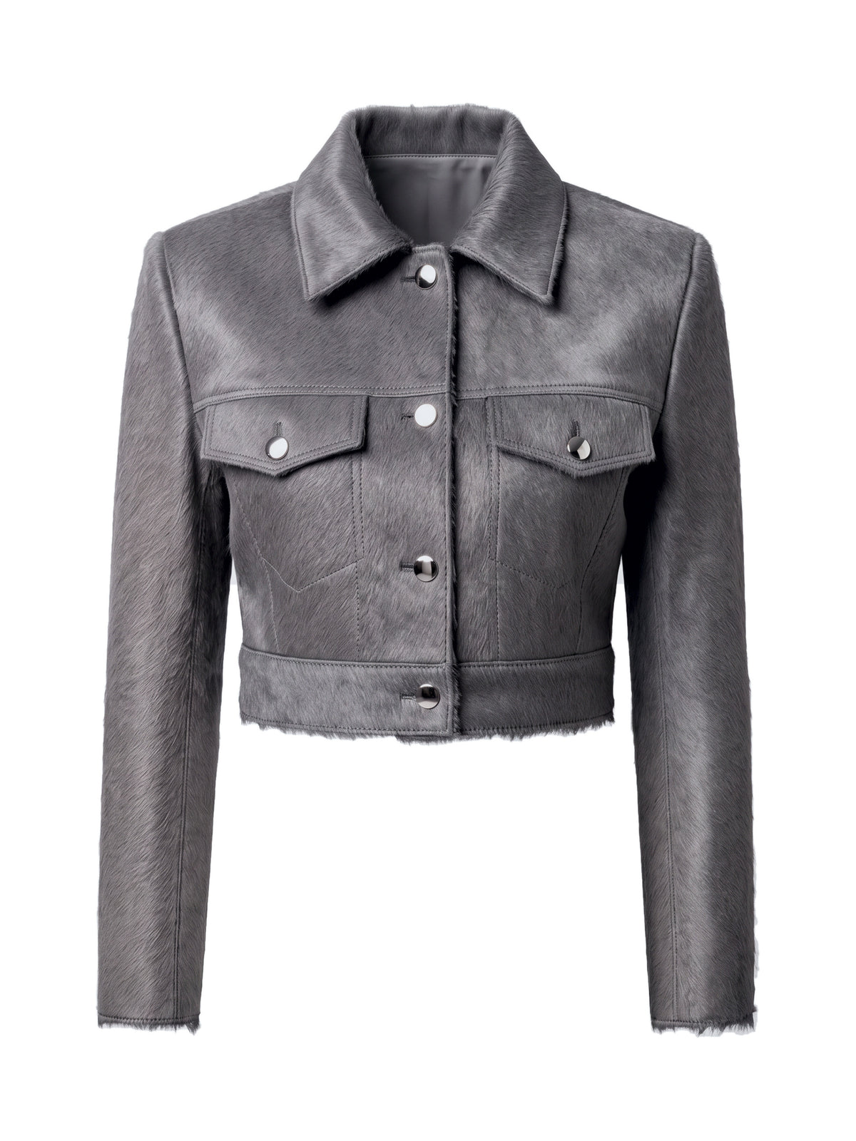 MARIS, veste courte en cuir façon poulain gris, vue de face sur mannequin invisible.