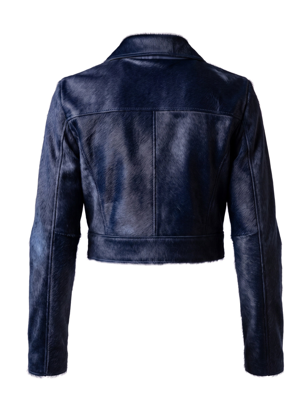 MARIS, veste courte en cuir façon poulain marine, vue de dos sur mannequin invisible.