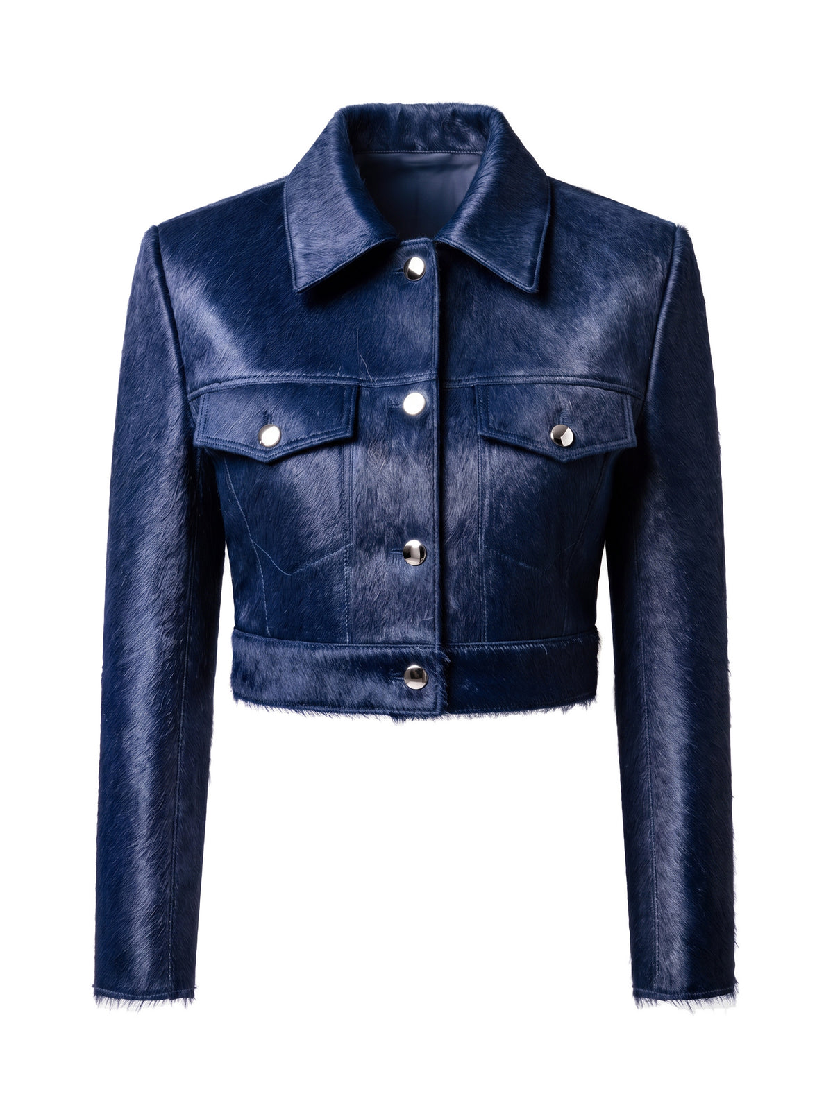 MARIS, veste courte en cuir façon poulain marine, vue de face sur mannequin invisible.