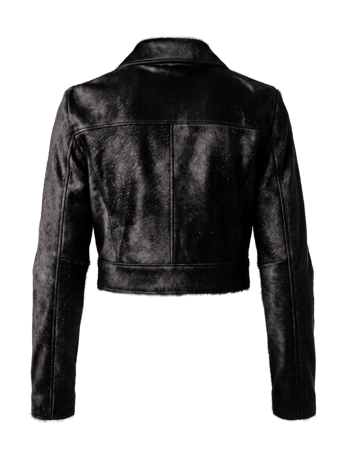 MARIS, veste courte en cuir façon poulain noir, vue de dos sur mannequin invisible.