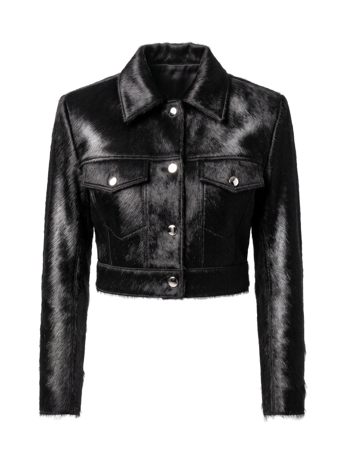 MARIS, veste courte en cuir façon poulain noir, vue de face sur mannequin invisible.