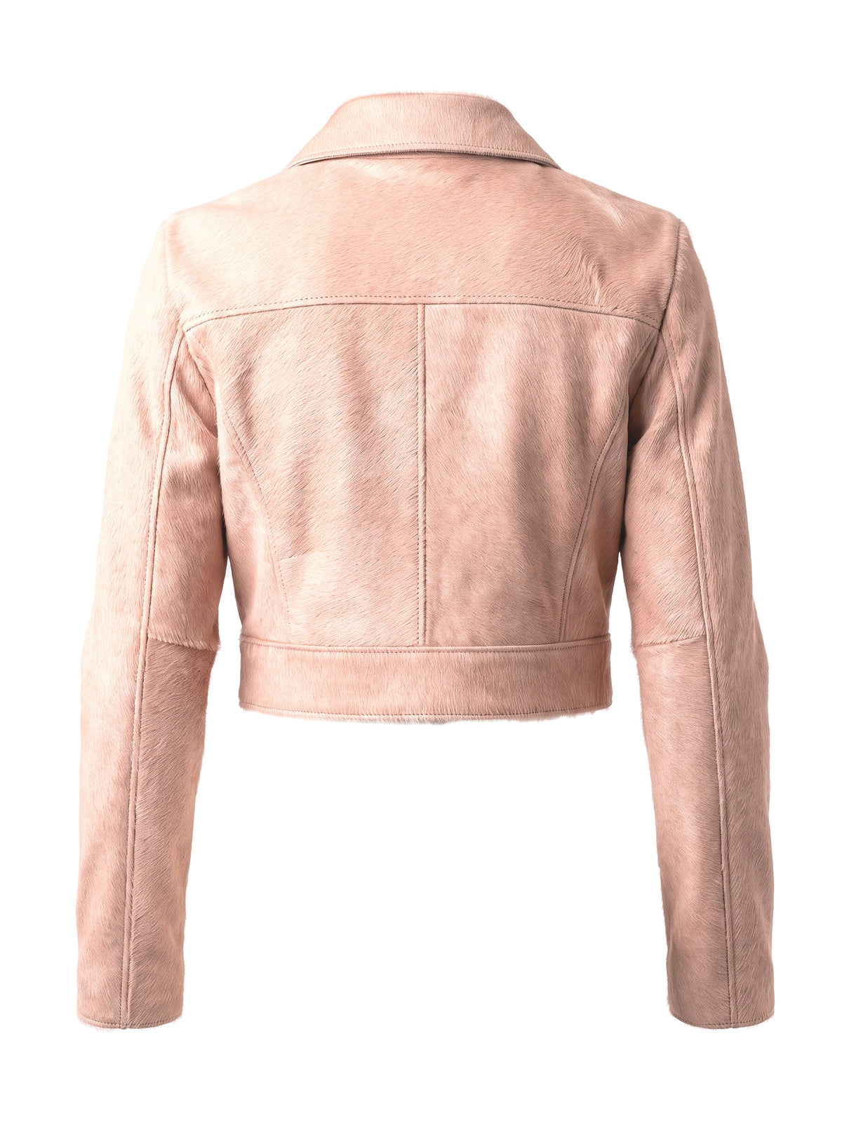 MARIS, veste courte en cuir façon poulain rose, vue de dos sur mannequin invisible.