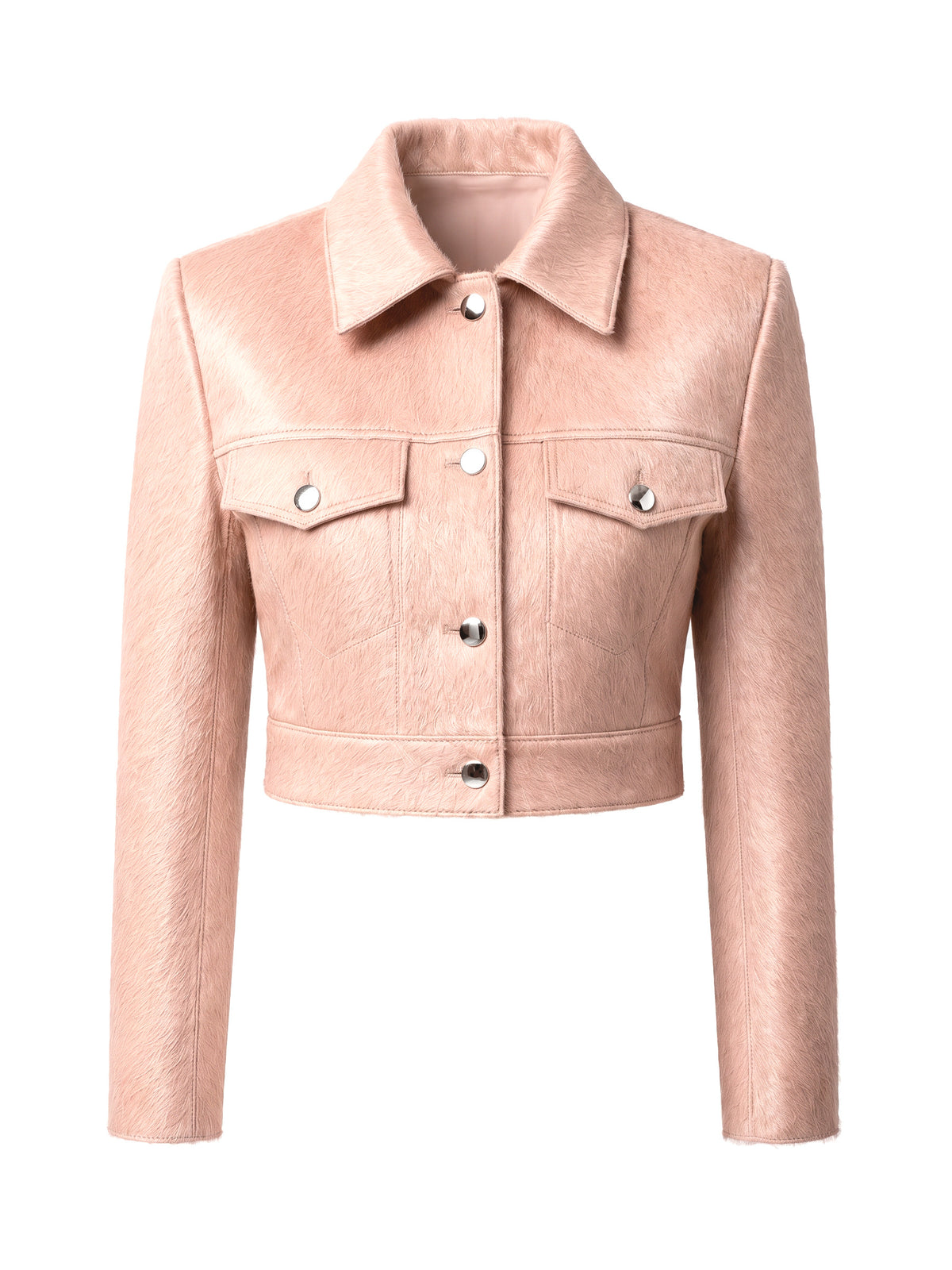 MARIS, veste courte en cuir façon poulain rose, vue de face sur mannequin invisible.