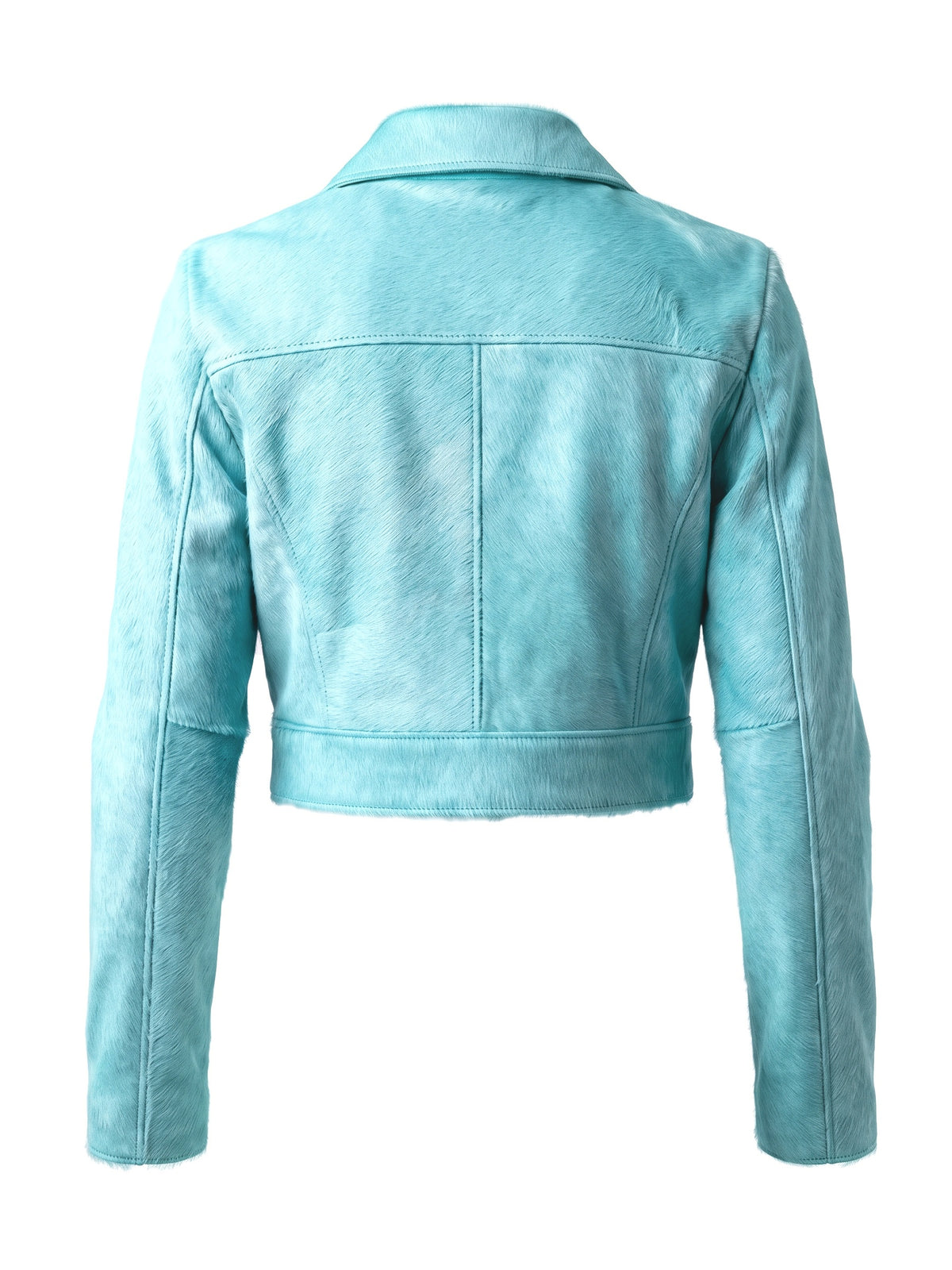 MARIS, veste courte en cuir façon poulain turquoise, vue de dos sur mannequin invisible.