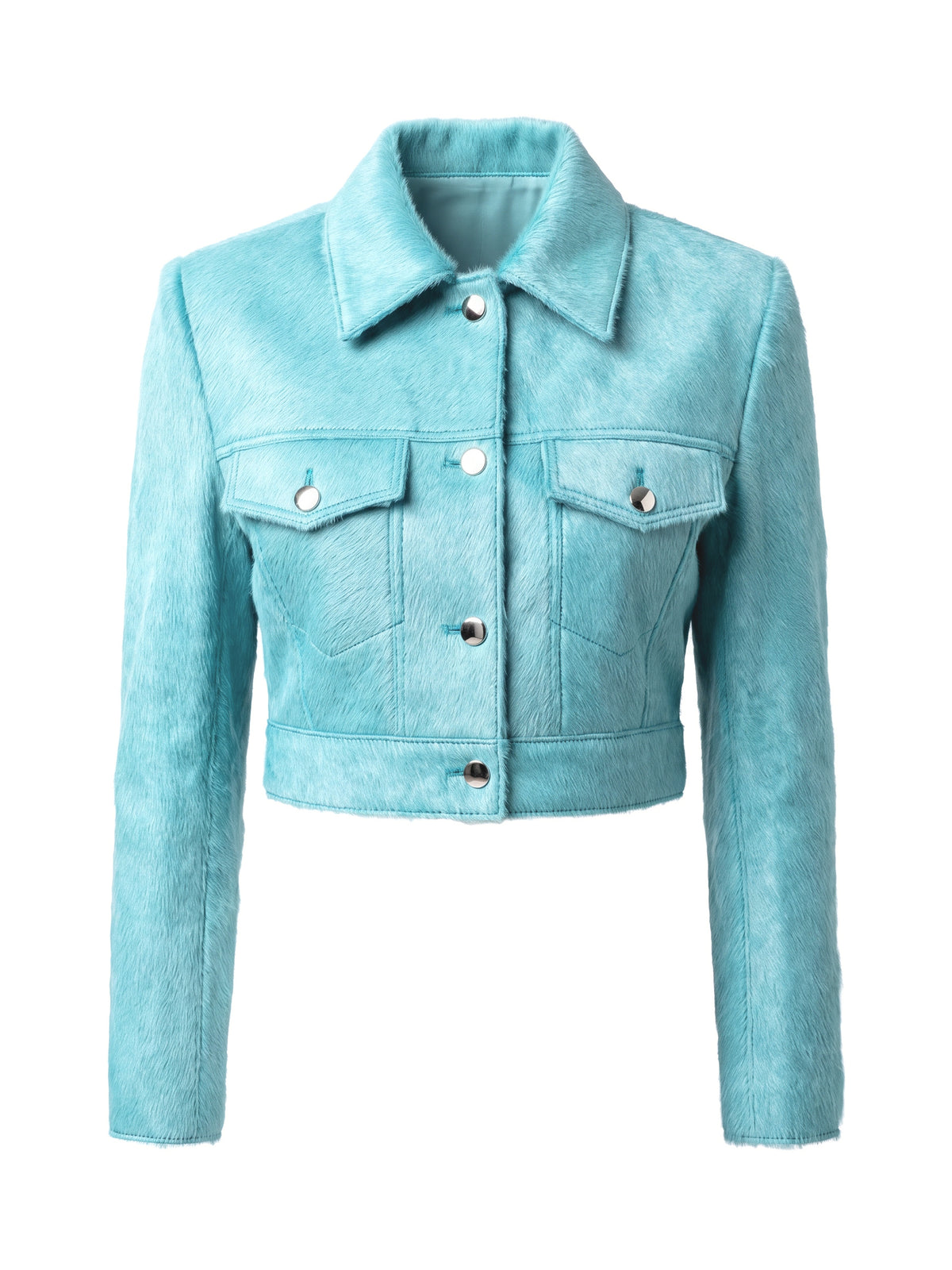 MARIS, veste courte en cuir façon poulain turquoise, vue de face sur mannequin invisible.