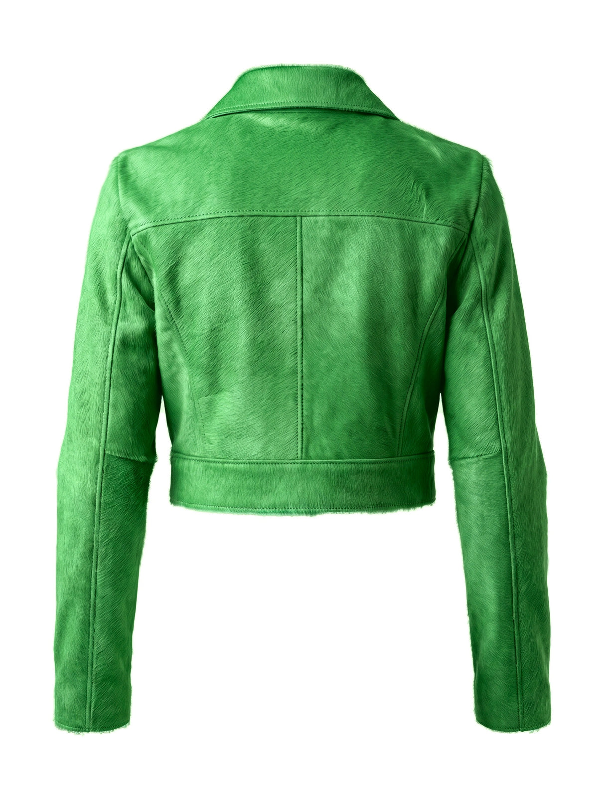 MARIS, veste courte en cuir façon poulain vert, vue de dos sur mannequin invisible.