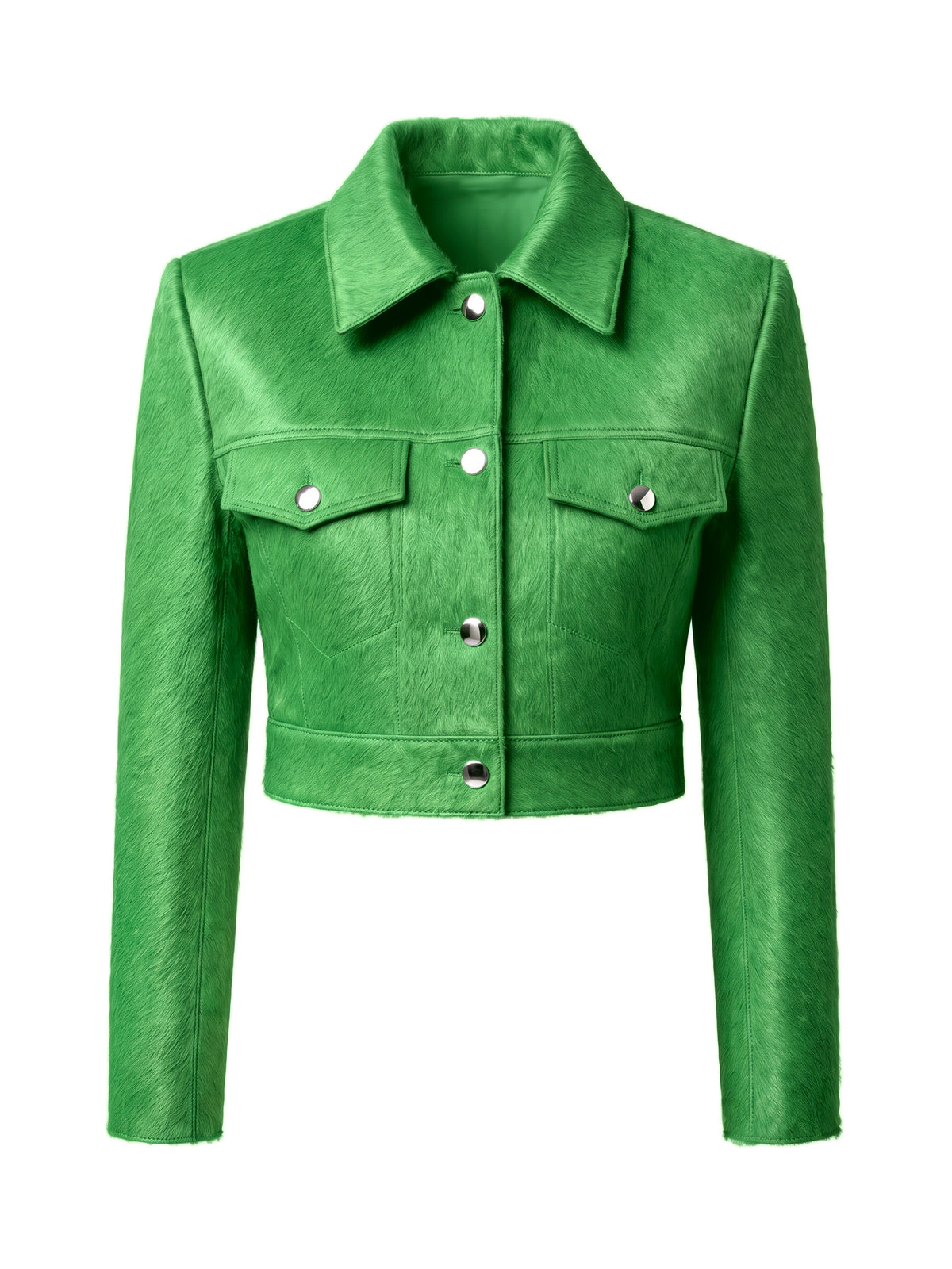 MARIS, veste courte en cuir façon poulain vert, vue de face sur mannequin invisible.