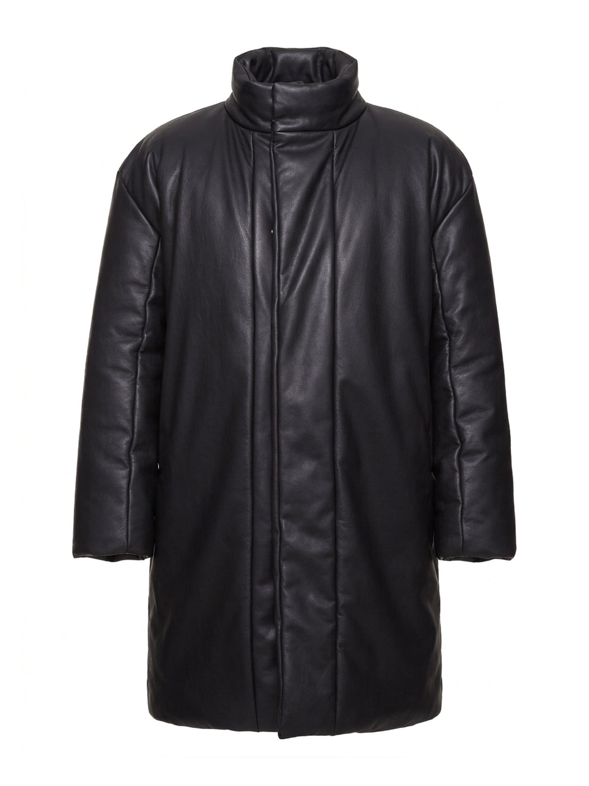 NORDIQUE, parka longue matelassée en cuir de vachette noir, vue de face sur mannequin invisible.