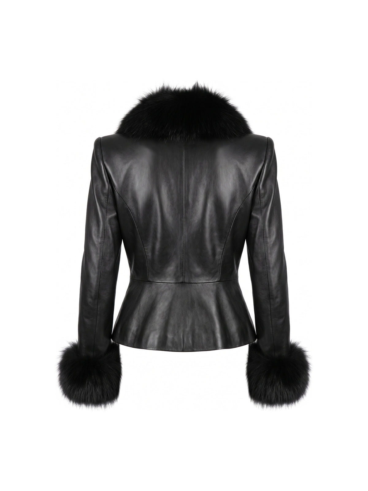 ODETTE, veste en cuir d'agneau noir, col et poignets en renard, vue de dos sur mannequin invisible.