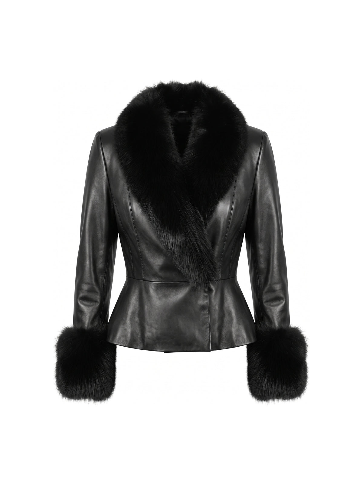 ODETTE, veste en cuir d'agneau noir, col et poignets en renard, vue de face sur mannequin invisible.