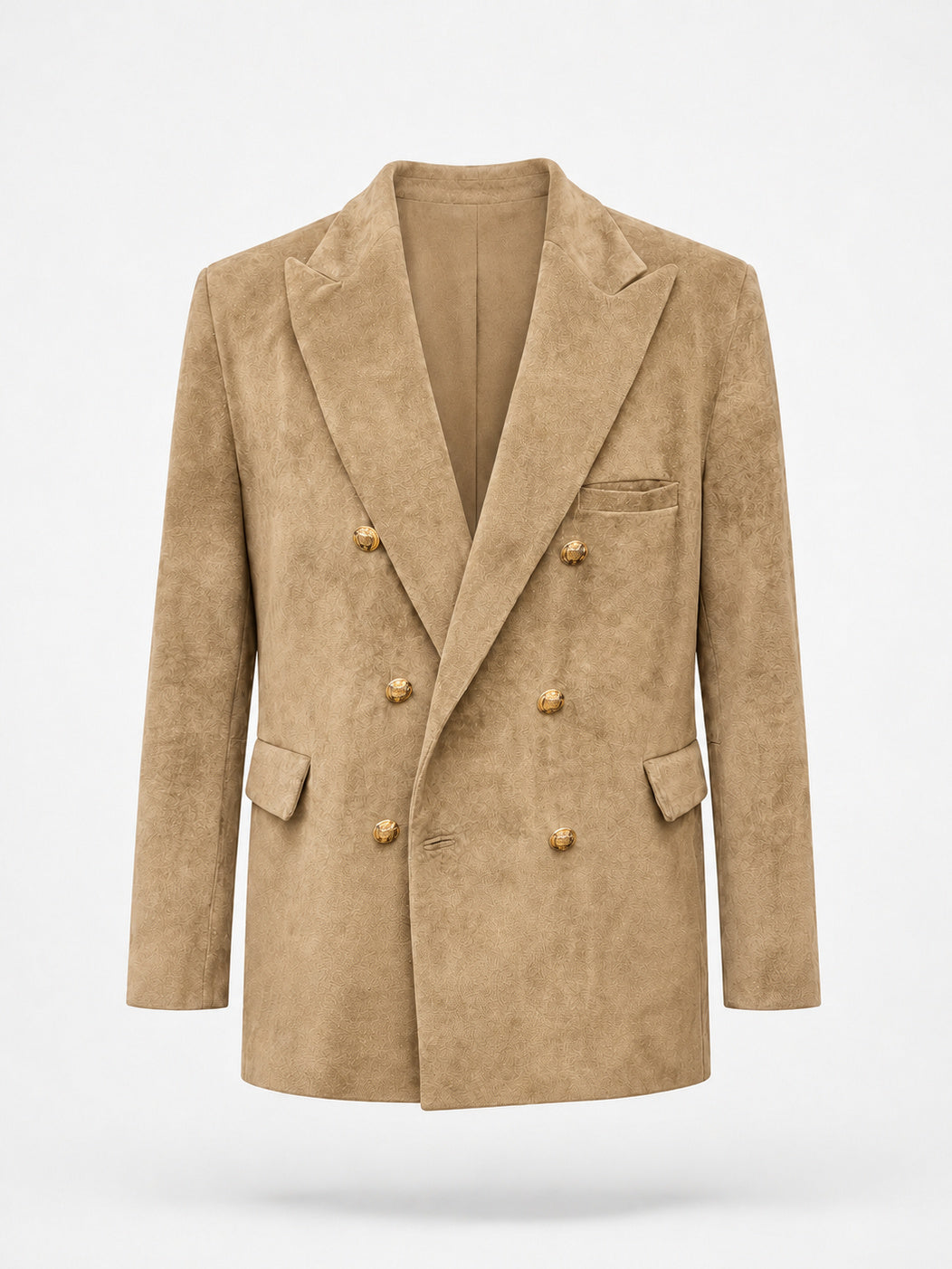 REMY, blazer croisé en suède beige, vu de face sur mannequin invisible.