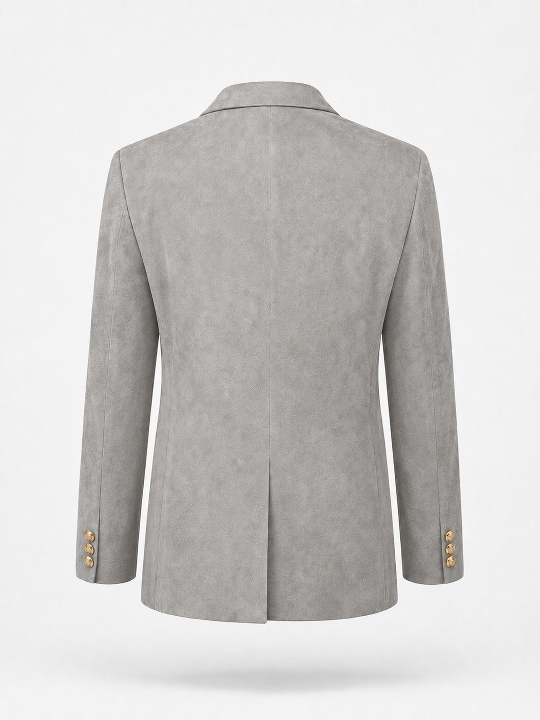 REMY, blazer croisé en suède gris, vu de dos sur mannequin invisible.