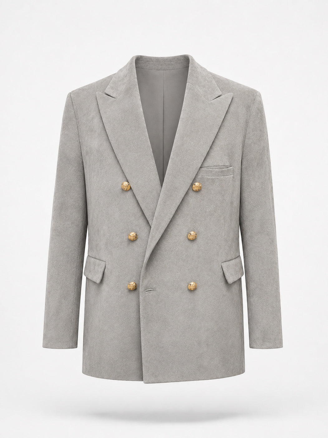 REMY, blazer croisé en suède gris, vu de face sur mannequin invisible.