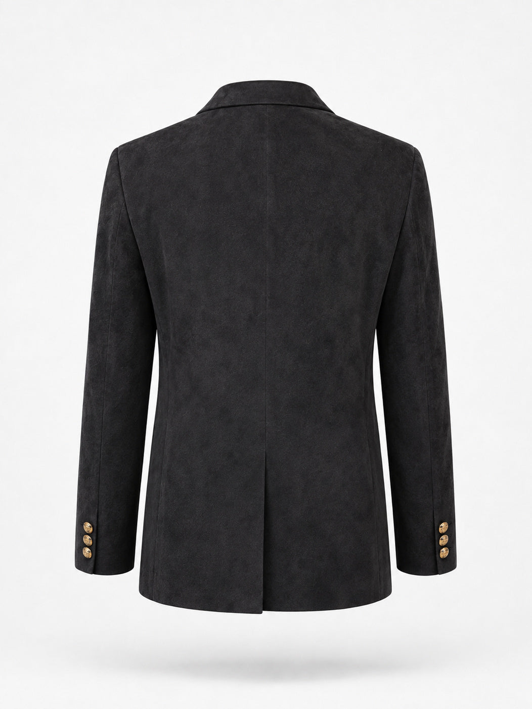 REMY, blazer croisé en suède noir, vu de dos sur mannequin invisible.