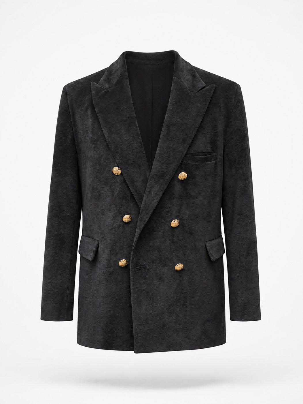 REMY, blazer croisé en suède noir, vu de face sur mannequin invisible.