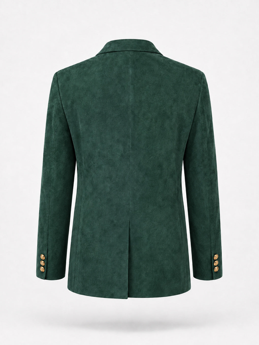 REMY, blazer croisé en suède vert, vu de dos sur mannequin invisible.