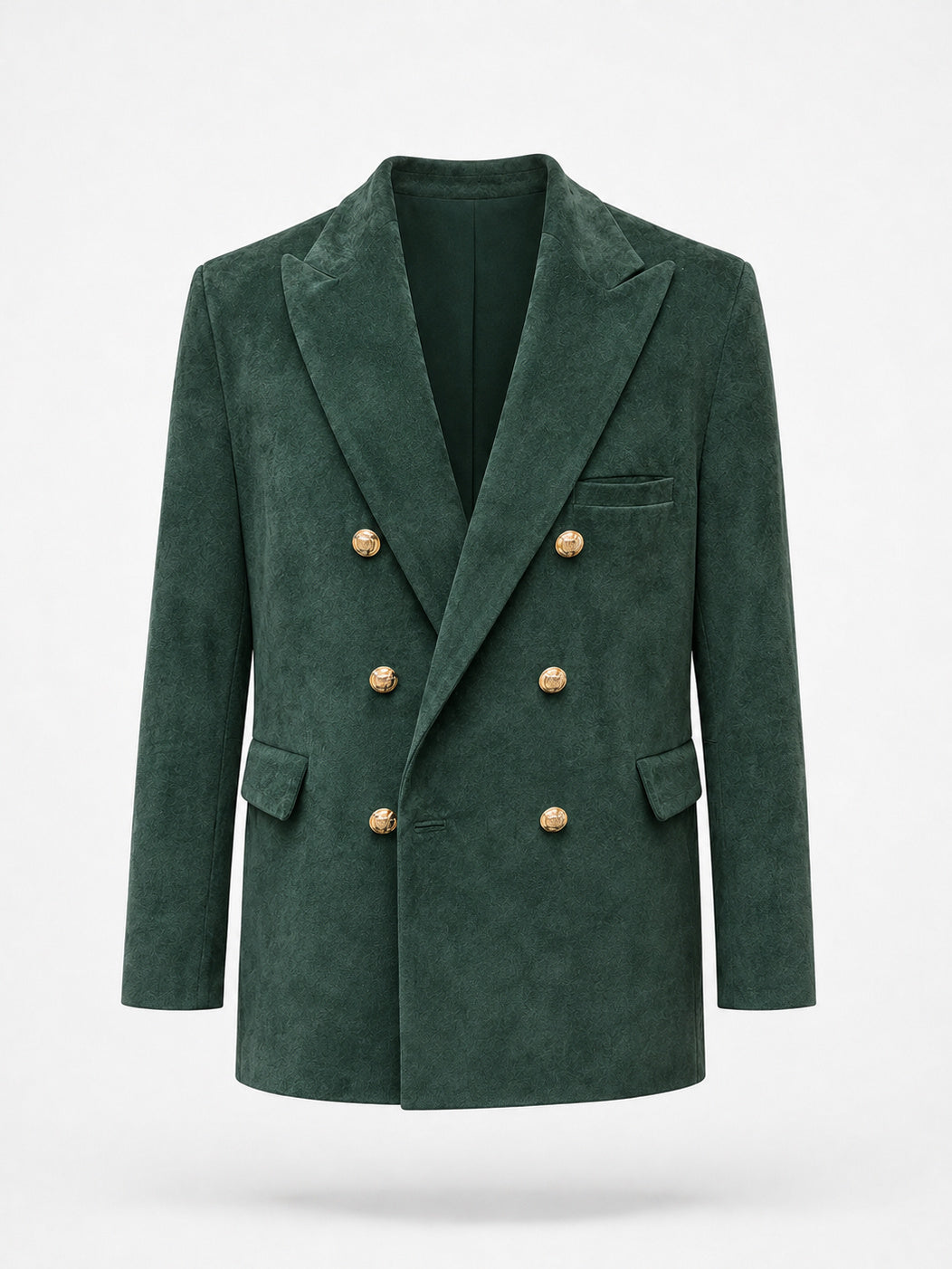 REMY, blazer croisé en suède vert, vu de face sur mannequin invisible.