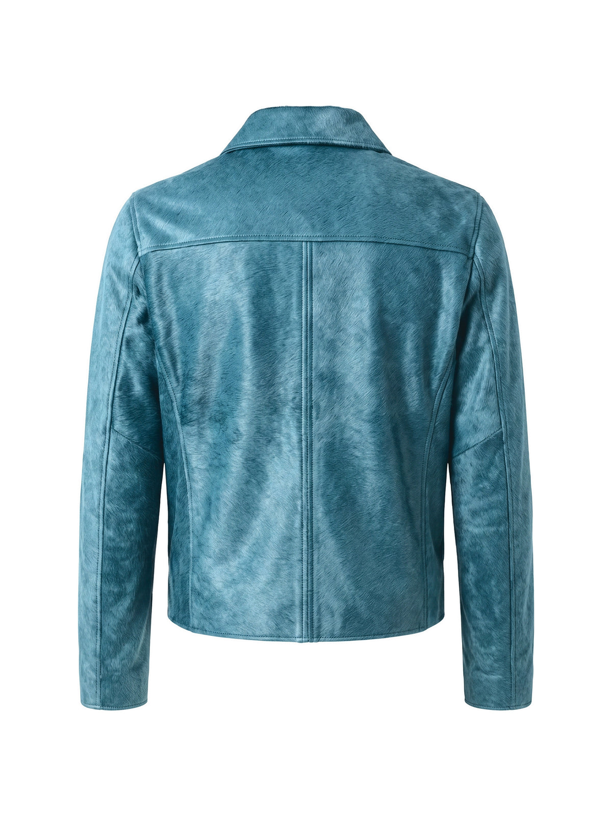 ROBERT, veste à col espagnol en cuir façon poulain canard, vue de dos sur mannequin invisible.