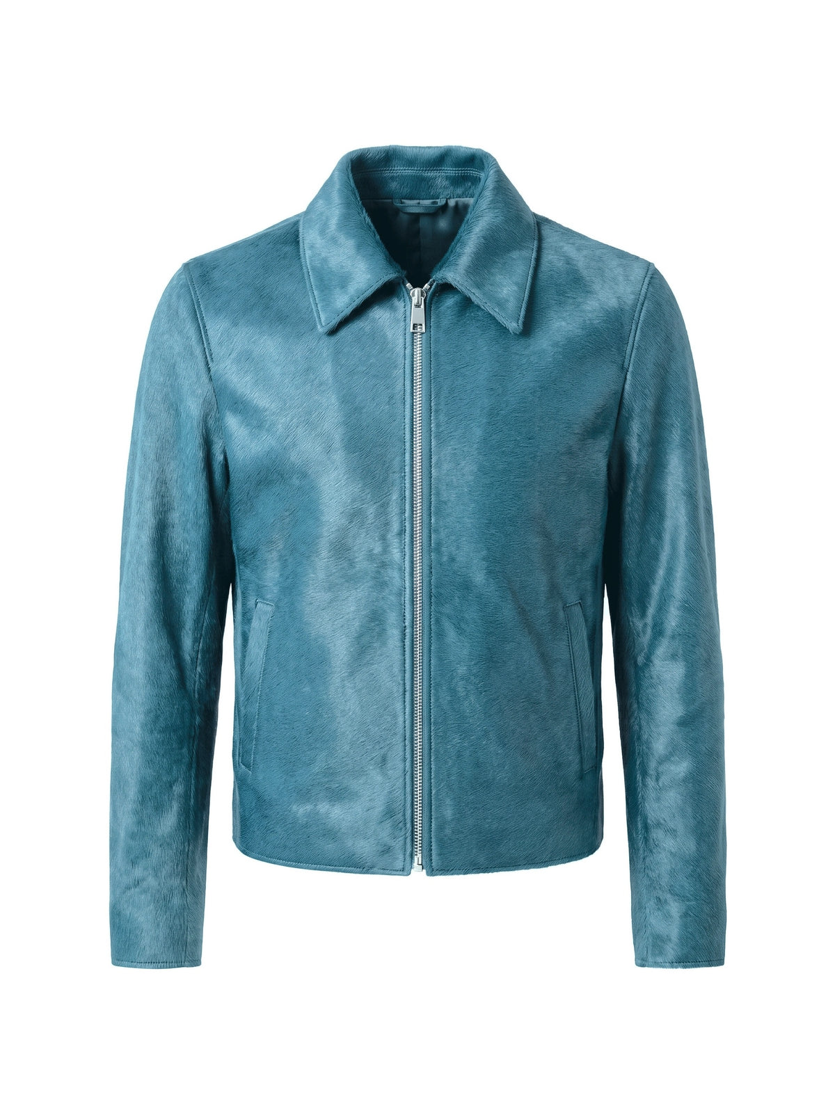 ROBERT, veste à col espagnol en cuir façon poulain canard, vue de face sur mannequin invisible.