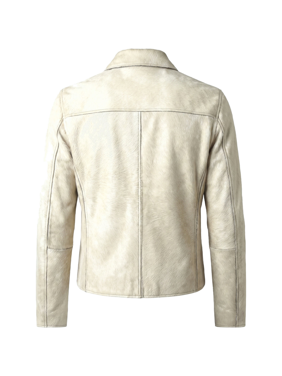 ROBERT, veste à col espagnol en cuir façon poulain crème, vue de dos sur mannequin invisible.