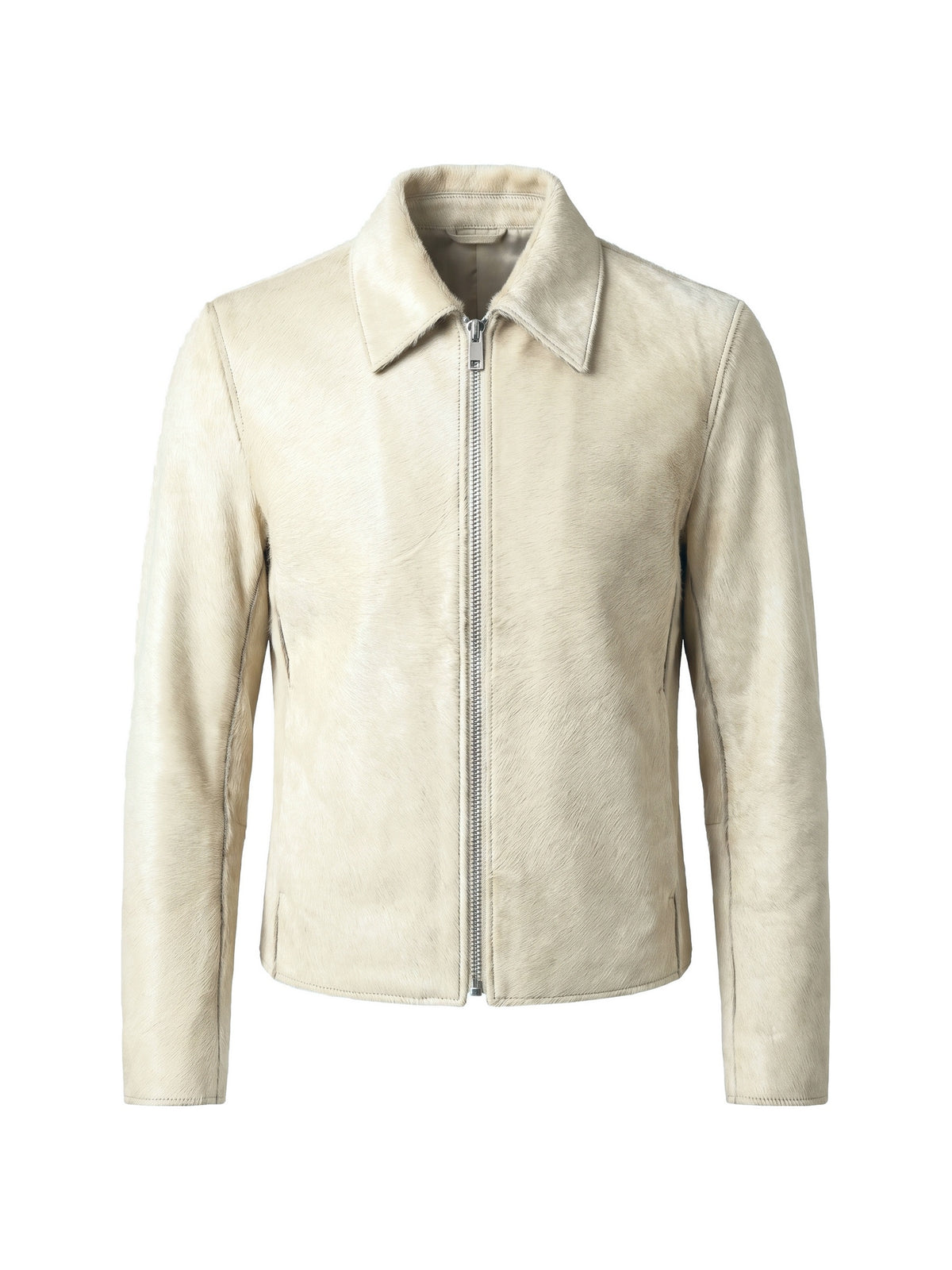 ROBERT, veste à col espagnol en cuir façon poulain crème, vue de face sur mannequin invisible.