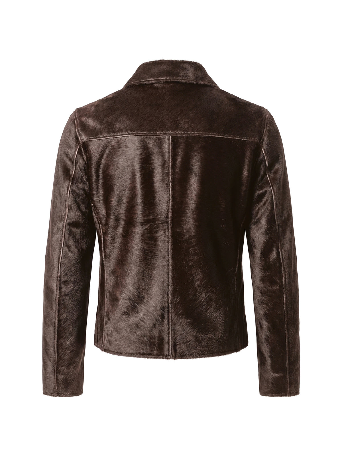 ROBERT, veste à col espagnol en cuir façon poulain espresso, vue de dos sur mannequin invisible.
