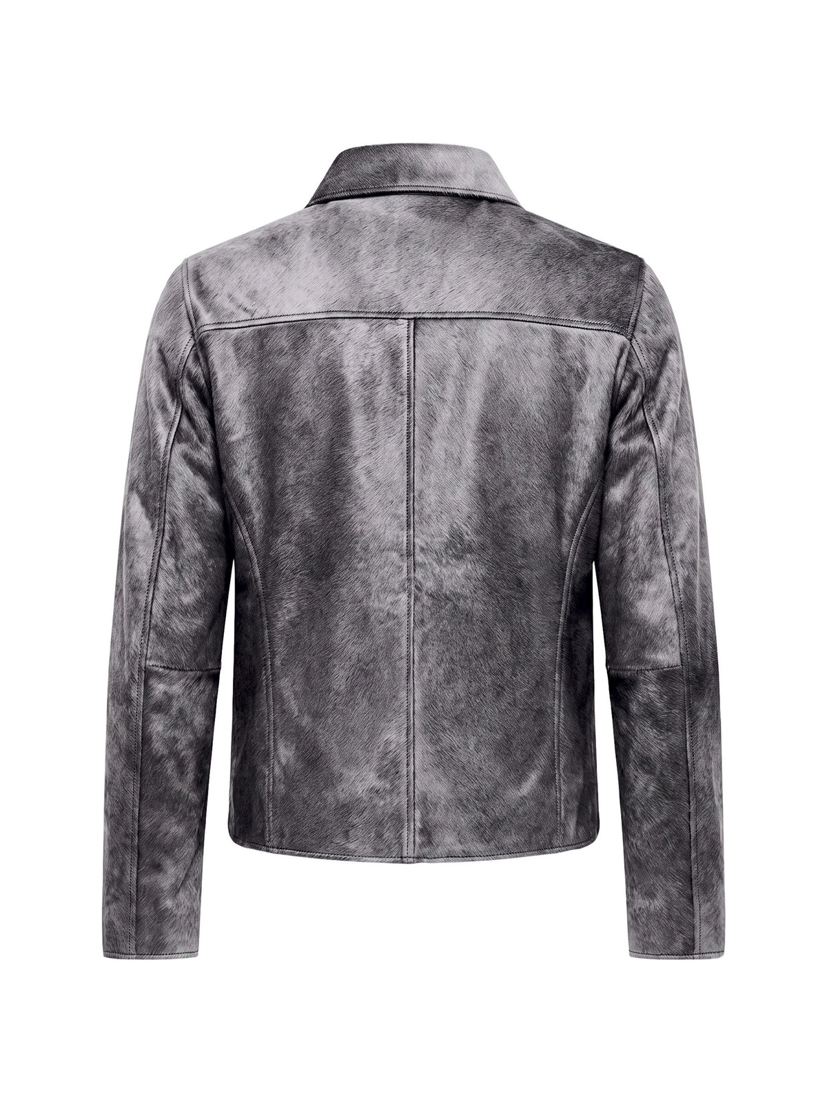 ROBERT, veste à col espagnol en cuir façon poulain gris, vue de dos sur mannequin invisible.