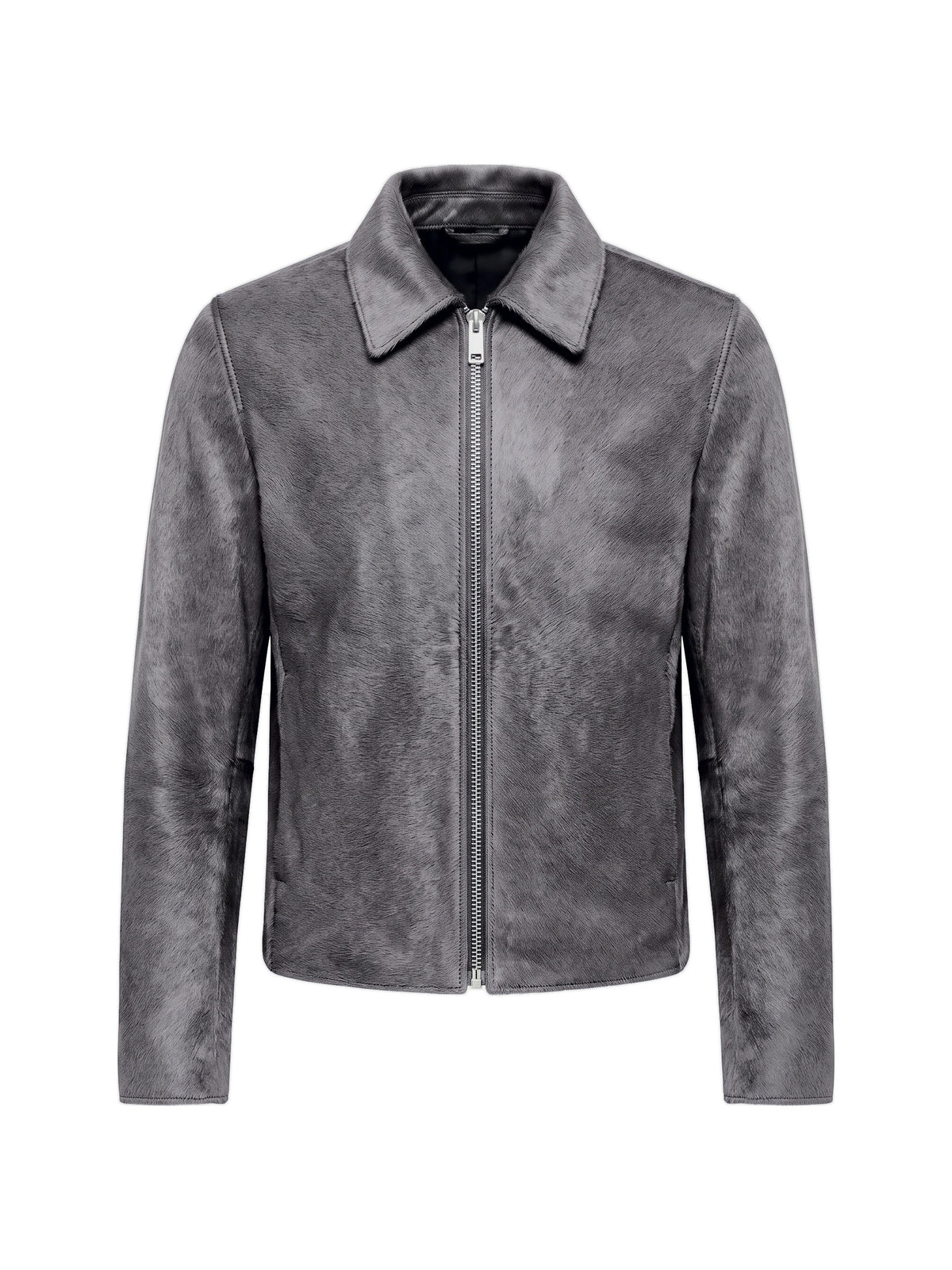 ROBERT, veste à col espagnol en cuir façon poulain gris, vue de face sur mannequin invisible.