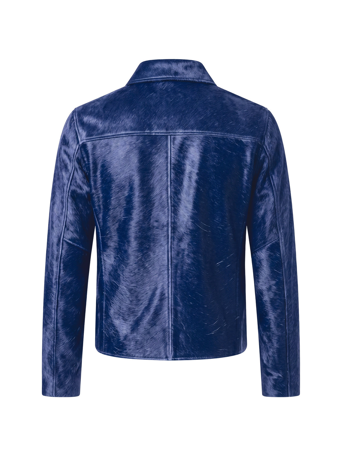 ROBERT, veste à col espagnol en cuir façon poulain marine, vue de dos sur mannequin invisible.