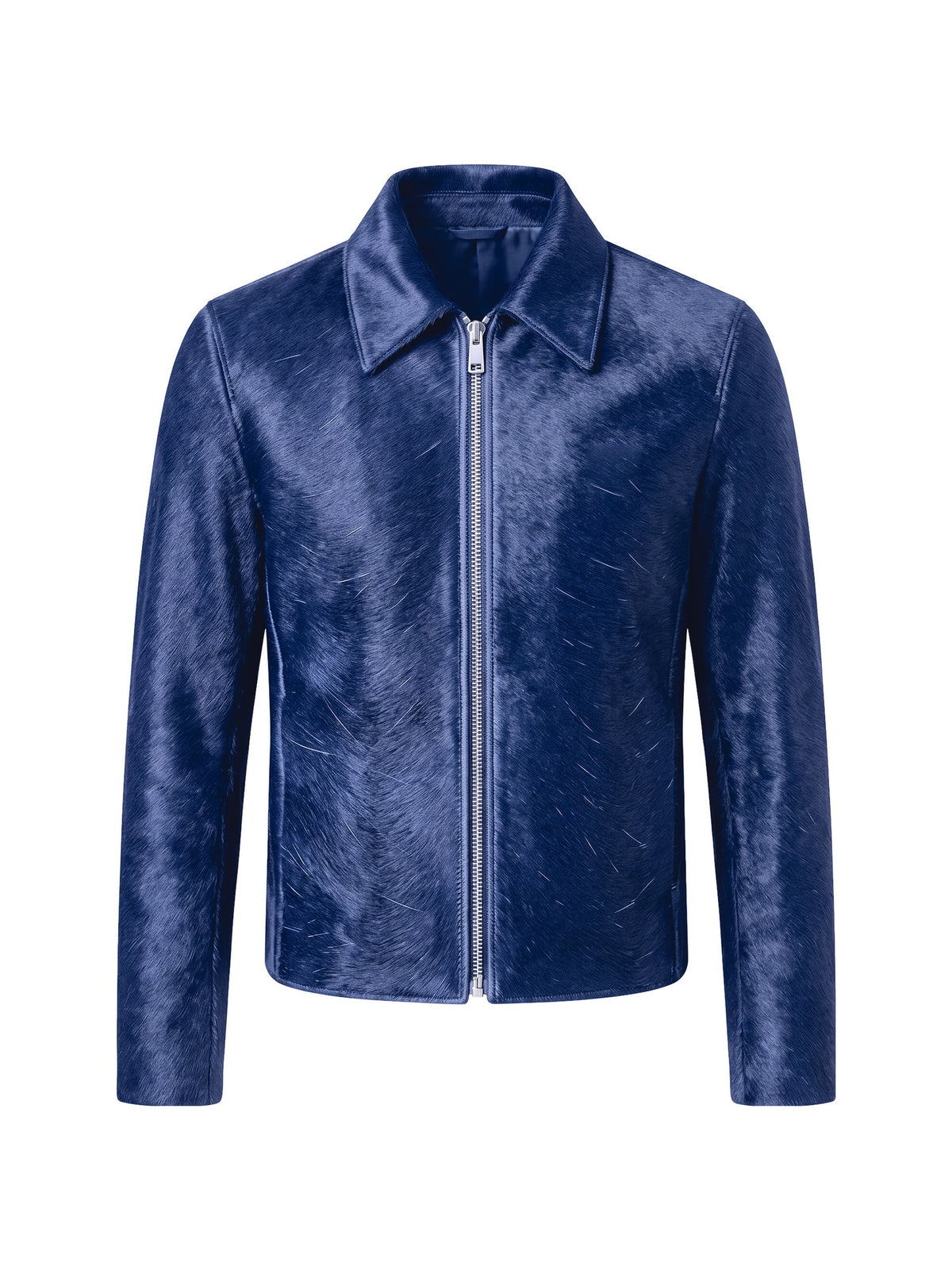 ROBERT, veste à col espagnol en cuir façon poulain marine, vue de face sur mannequin invisible.