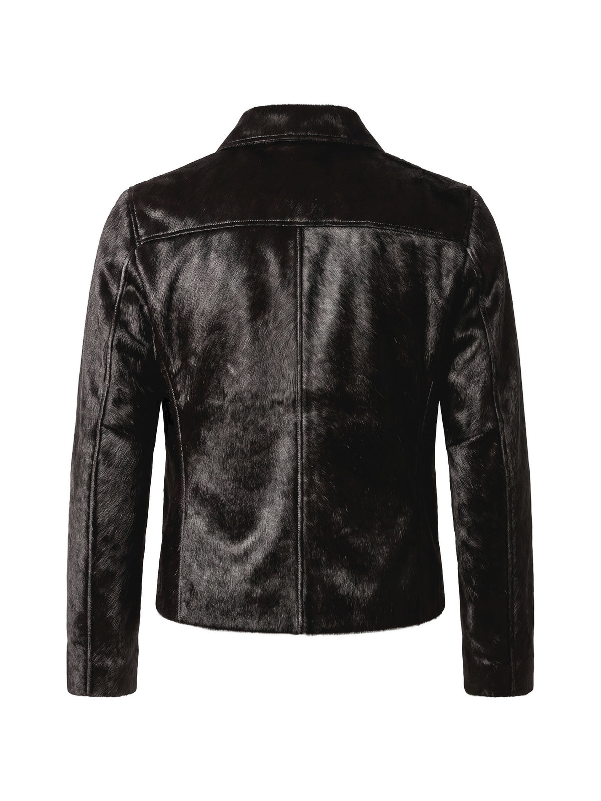 ROBERT, veste à col espagnol en cuir façon poulain noir, vue de dos sur mannequin invisible.