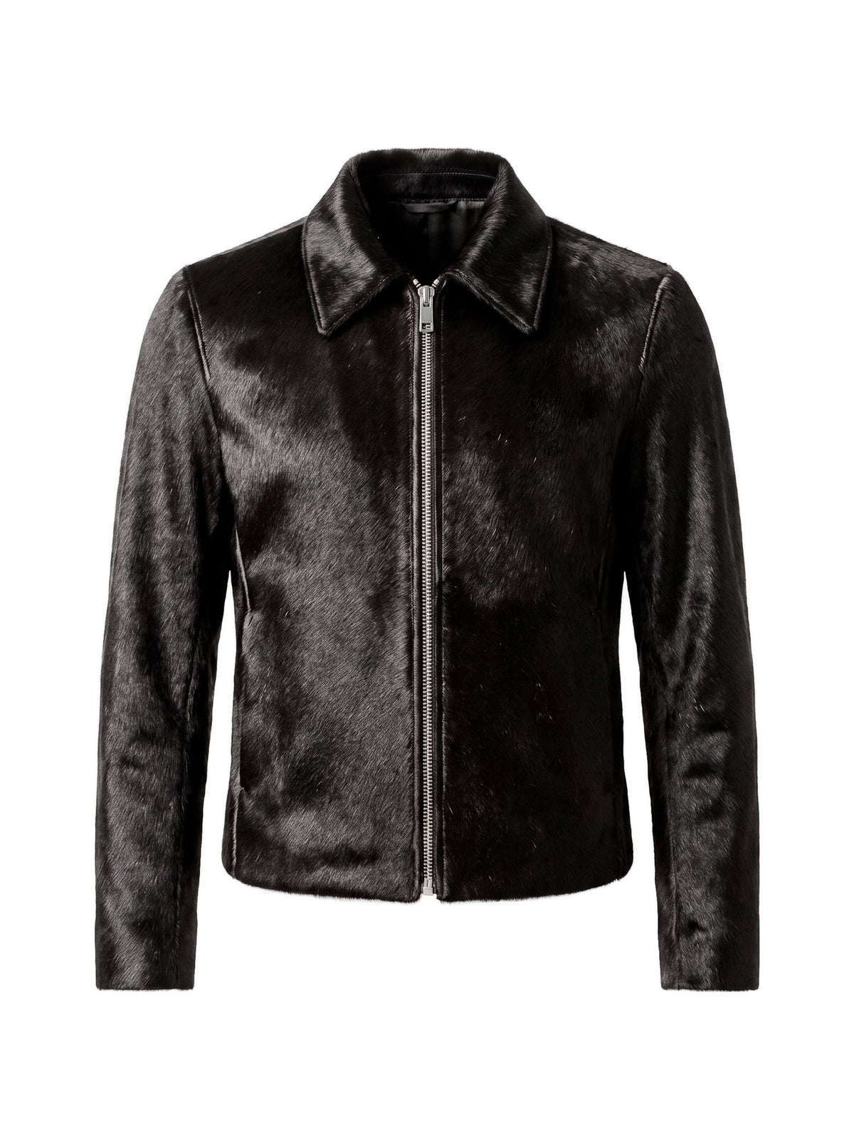 ROBERT, veste à col espagnol en cuir façon poulain noir, vue de face sur mannequin invisible.