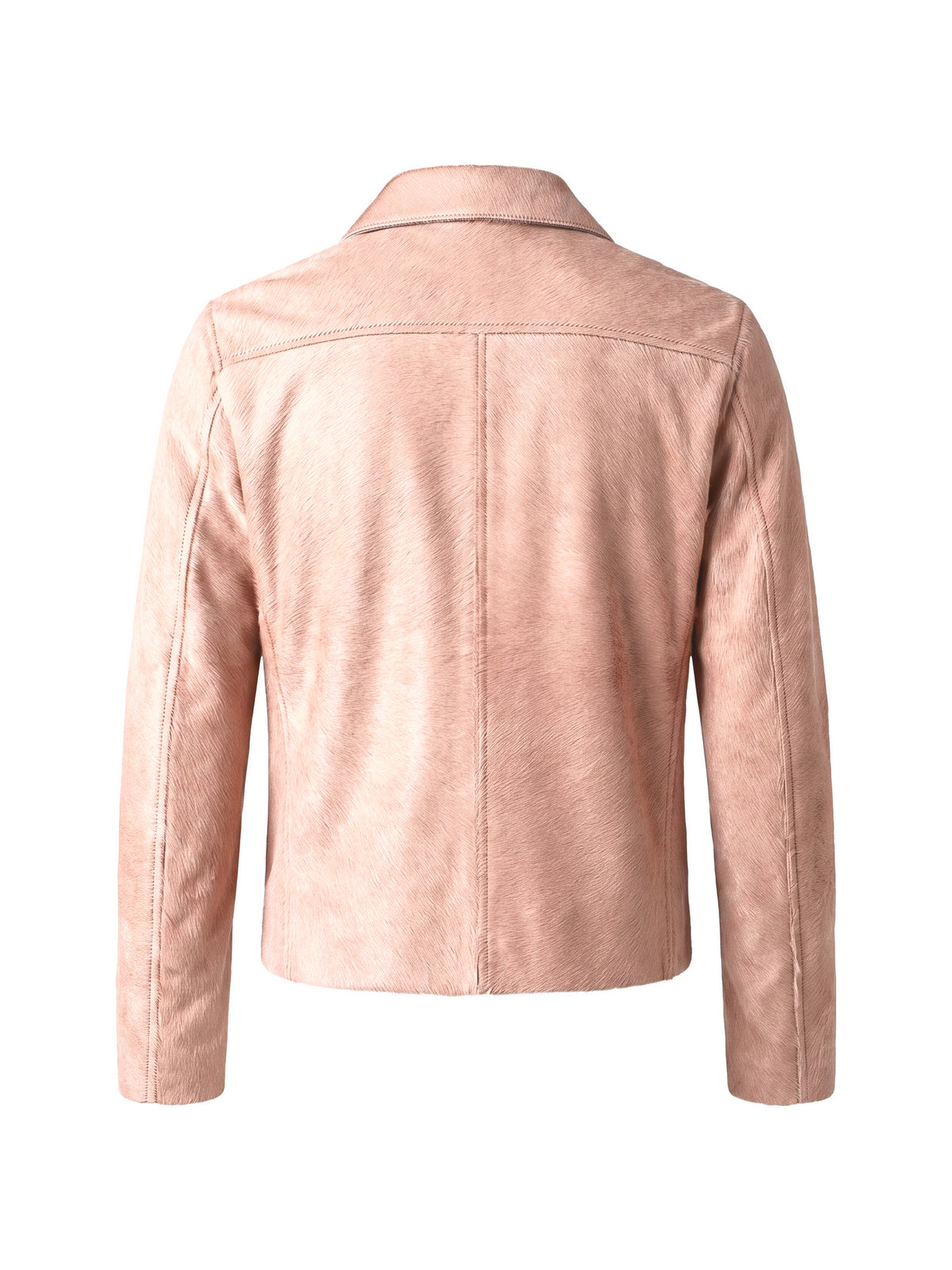 ROBERT, veste à col espagnol en cuir façon poulain rose, vue de dos sur mannequin invisible.