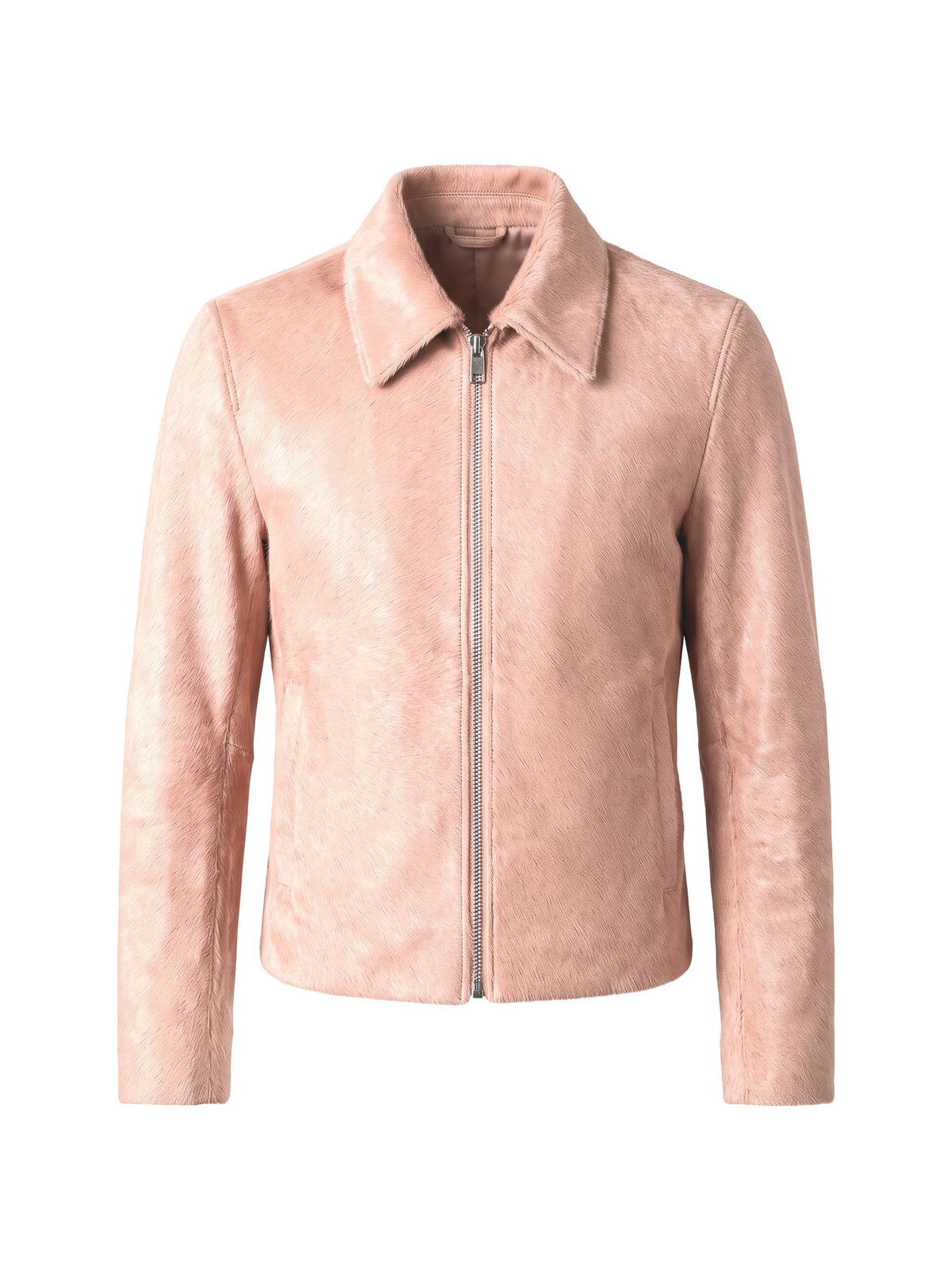 ROBERT, veste à col espagnol en cuir façon poulain rose, vue de face sur mannequin invisible.